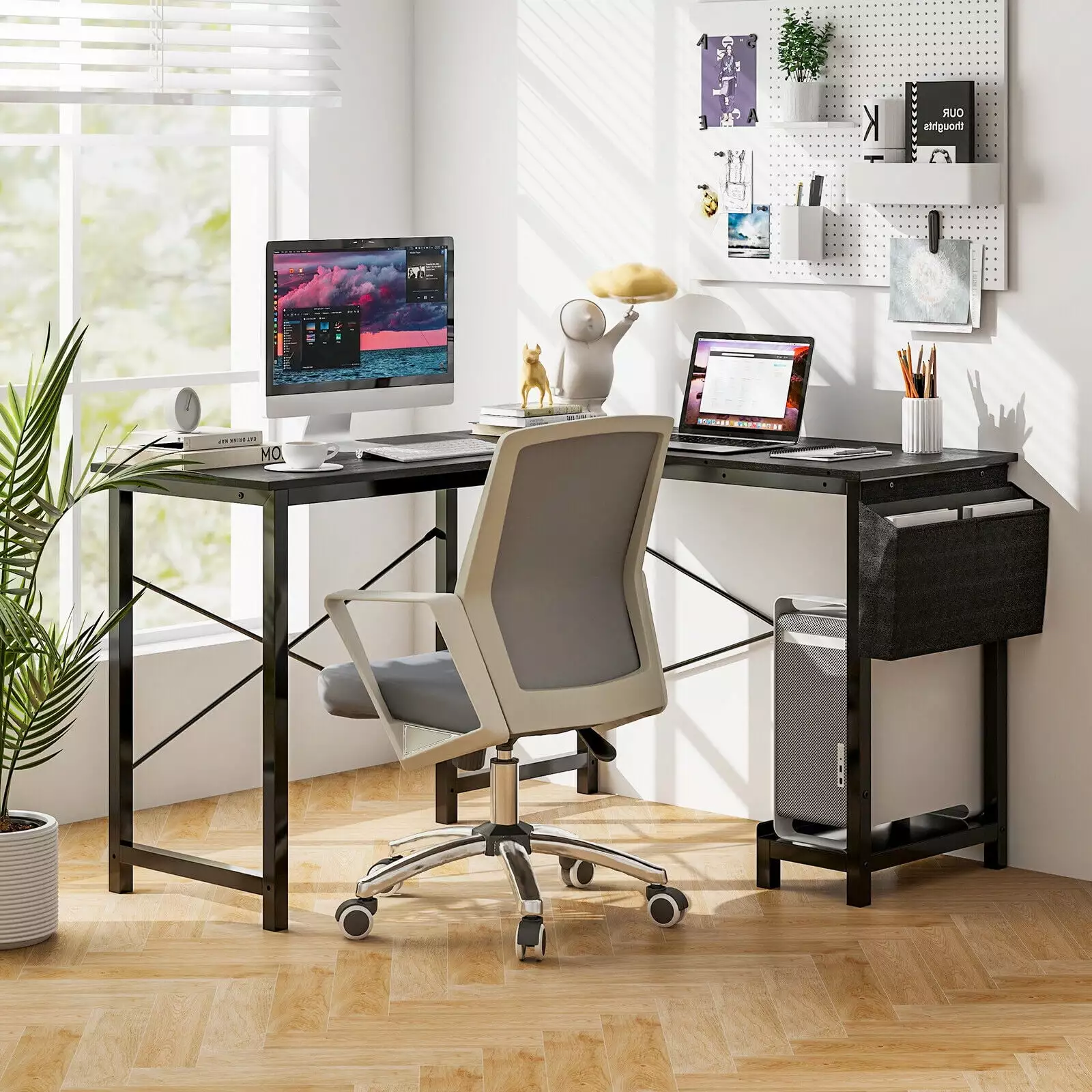 Amijoy L-Shaped Computer Desk Reversible Home Office Desk Side Storage Bag Host Stand Metal Corner Desk