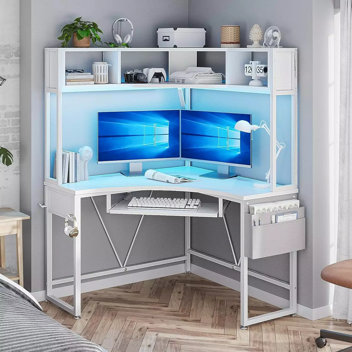 AOGLLATI Corner Desk Storage Hutch and LED Lights White Triangle Computer Desk Small Spaces