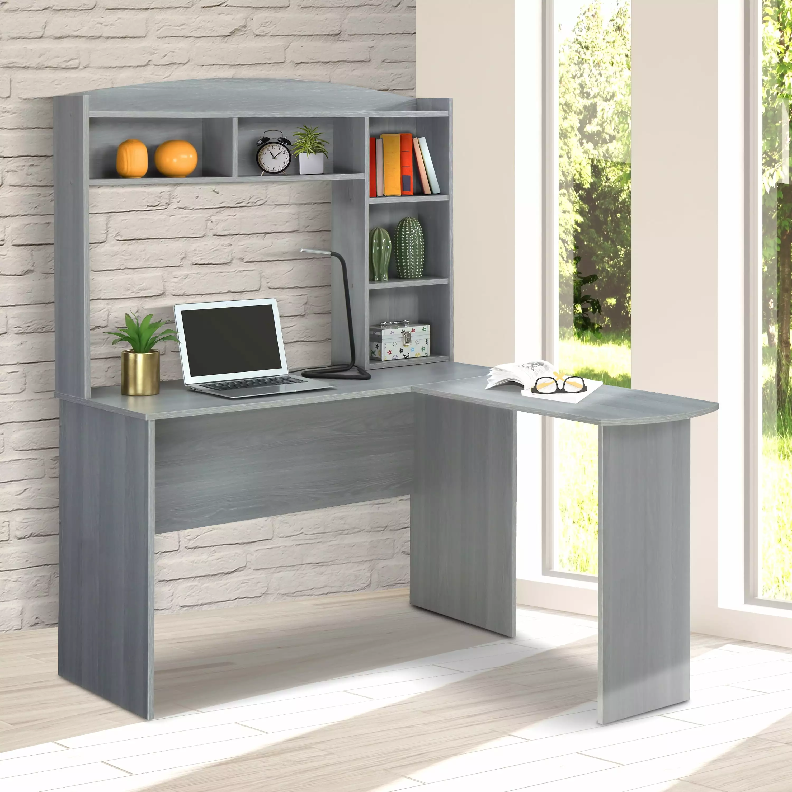 Modern L-Shaped Solid Wood Computer Desk Hutch & Storage Shelves - Grey Corner Desk ARCTICSCORPION