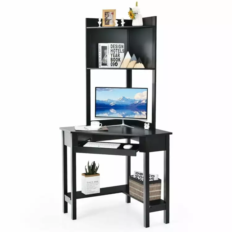 Barara King Corner Desk Computer Corner Workstation Hutch and Storage Shelves Black