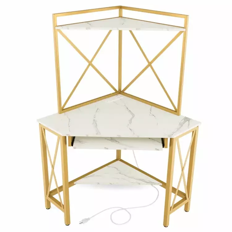 Barara King Corner Desk Hutch and Keyboard Tray White Computer Workstation