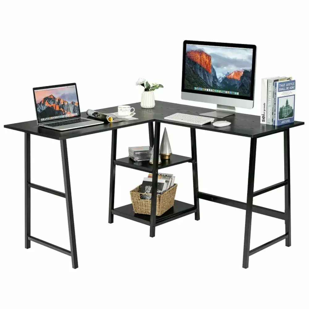 Barara King L Shaped Computer Desk - Corner Gaming Desk Storage Shelves - Black - Home Office Study Writing Desk