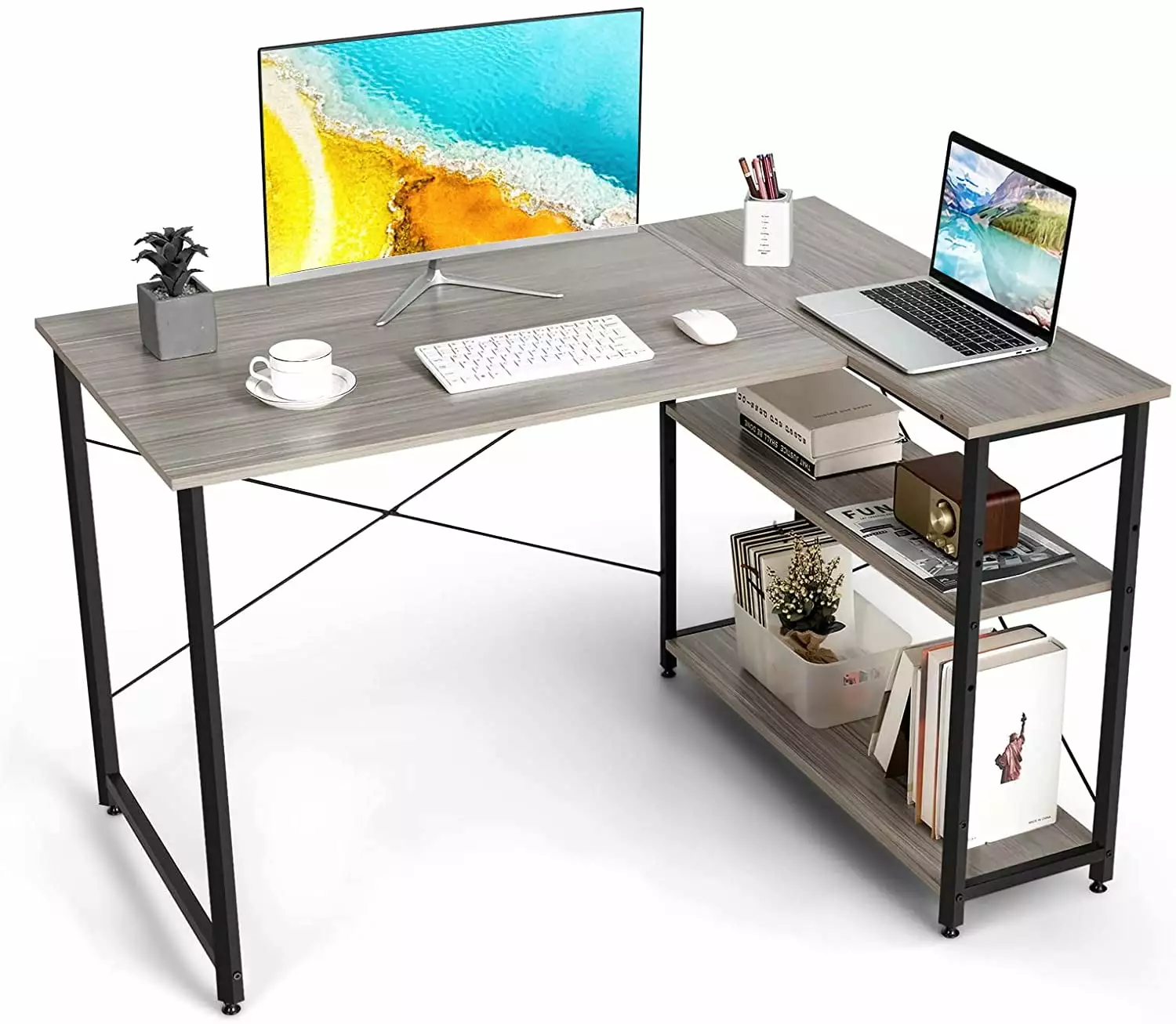 L-Shaped Computer Desk Reversible Shelves 48 Inch Corner Desk Gray Home Office Workstation BSL