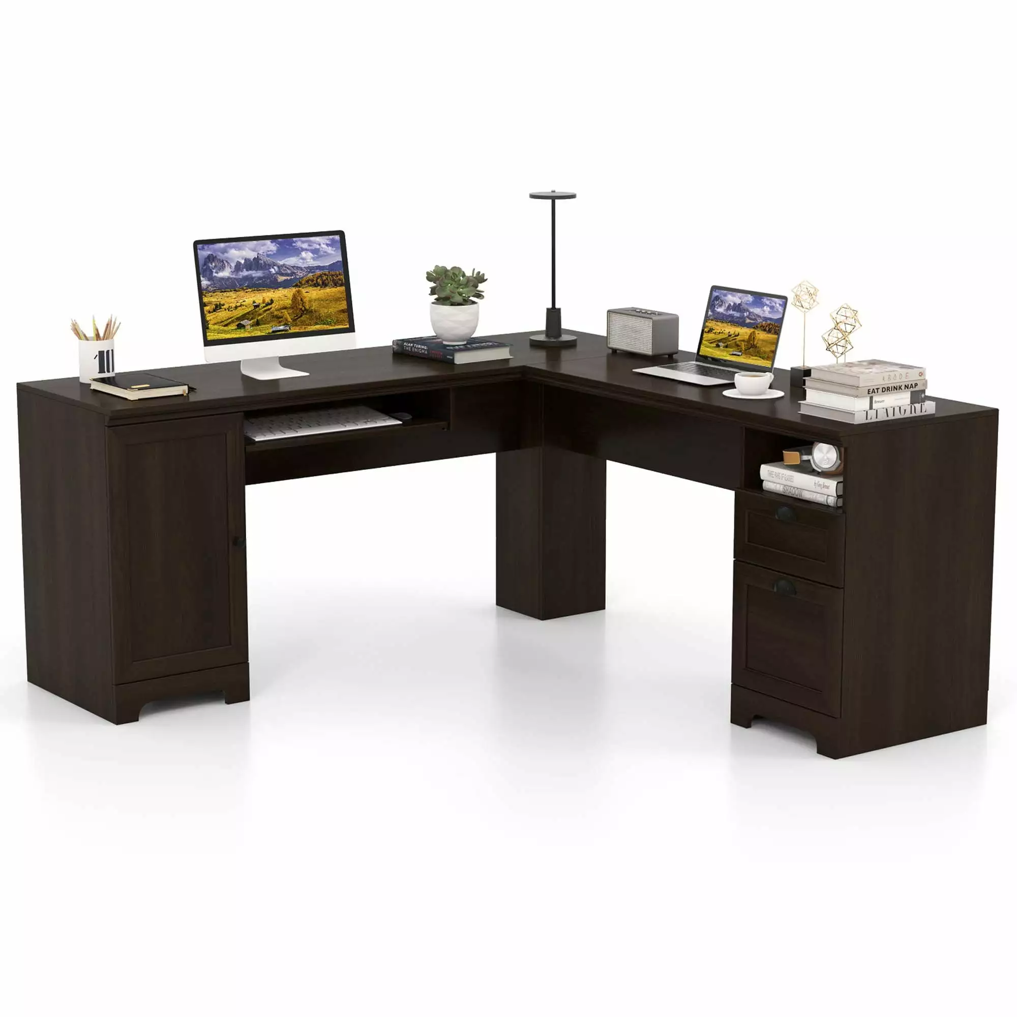 Costway L-Shaped Corner Computer Desk Drawers Coffee Writing Table