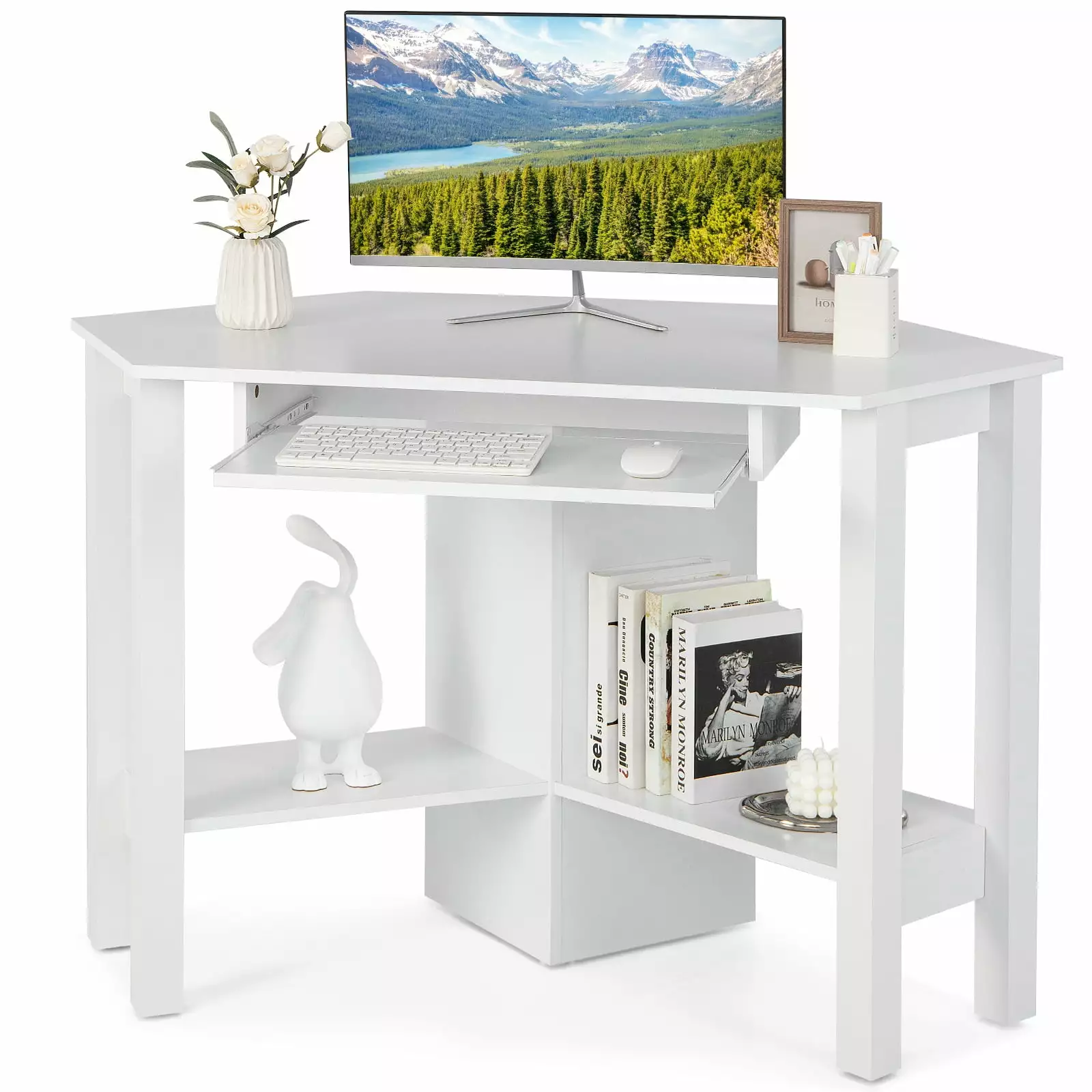 Costway White Wooden Corner Desk Drawer - Space Efficient PC Table