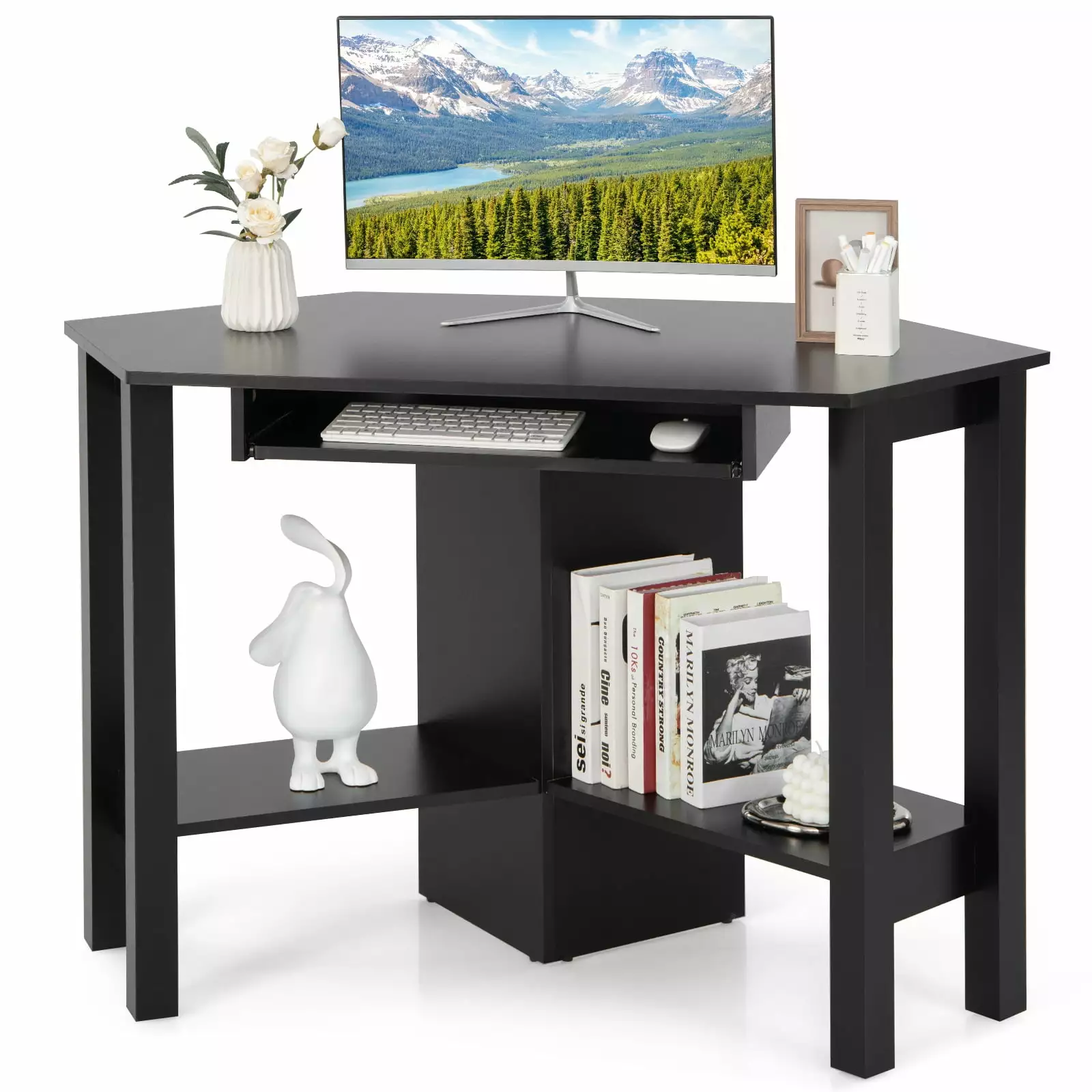 Costway Wooden Corner Desk Drawer Computer PC Table Black - Study Office Room Furniture