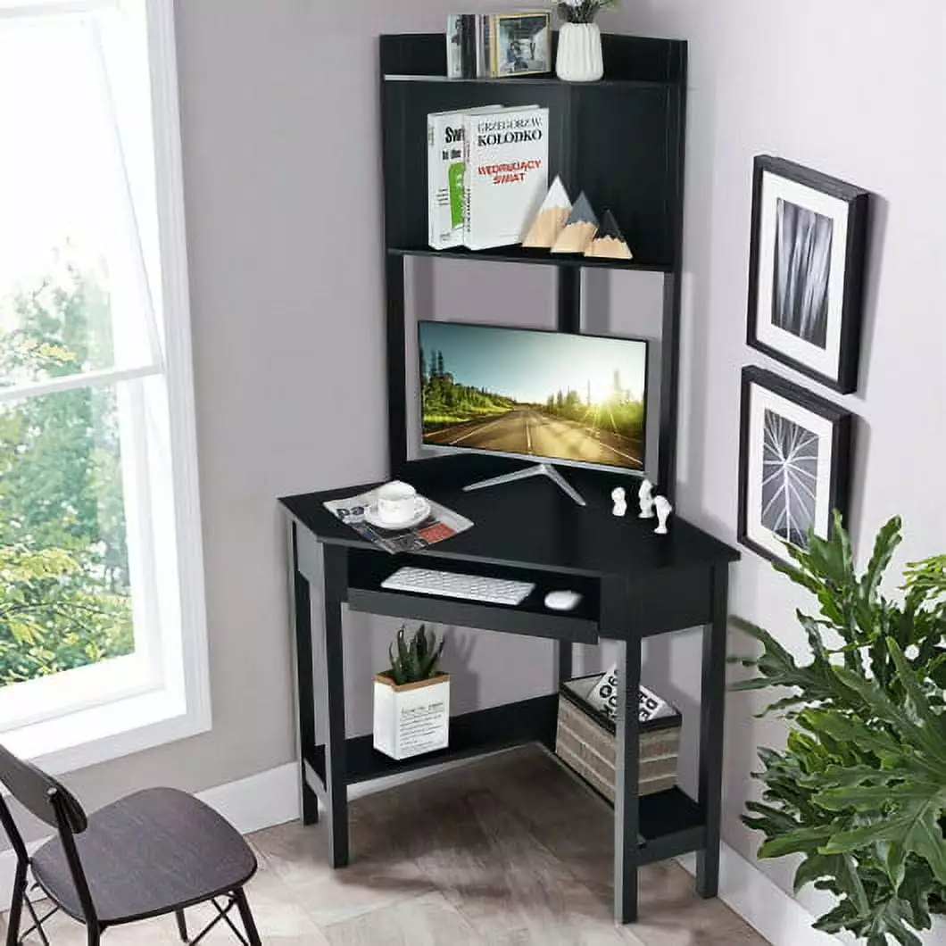 Black Corner Computer Desk Hutch and Storage Shelves Home Office CostwayINC