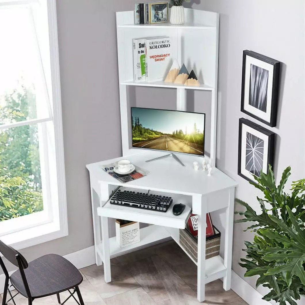 Corner Computer Desk Hutch and Storage Shelves White Home Office Desk CostwayINC