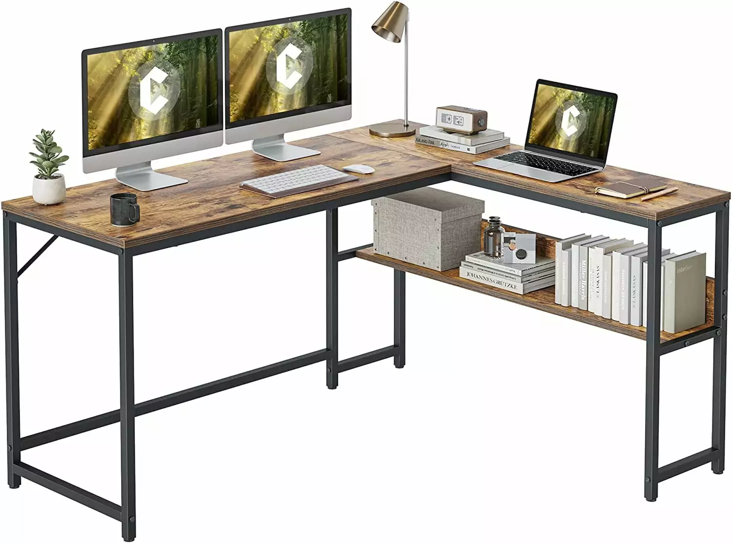 CubiCubi 55.1-inch L Shaped Corner Computer Desk Storage Shelves Rustic Brown