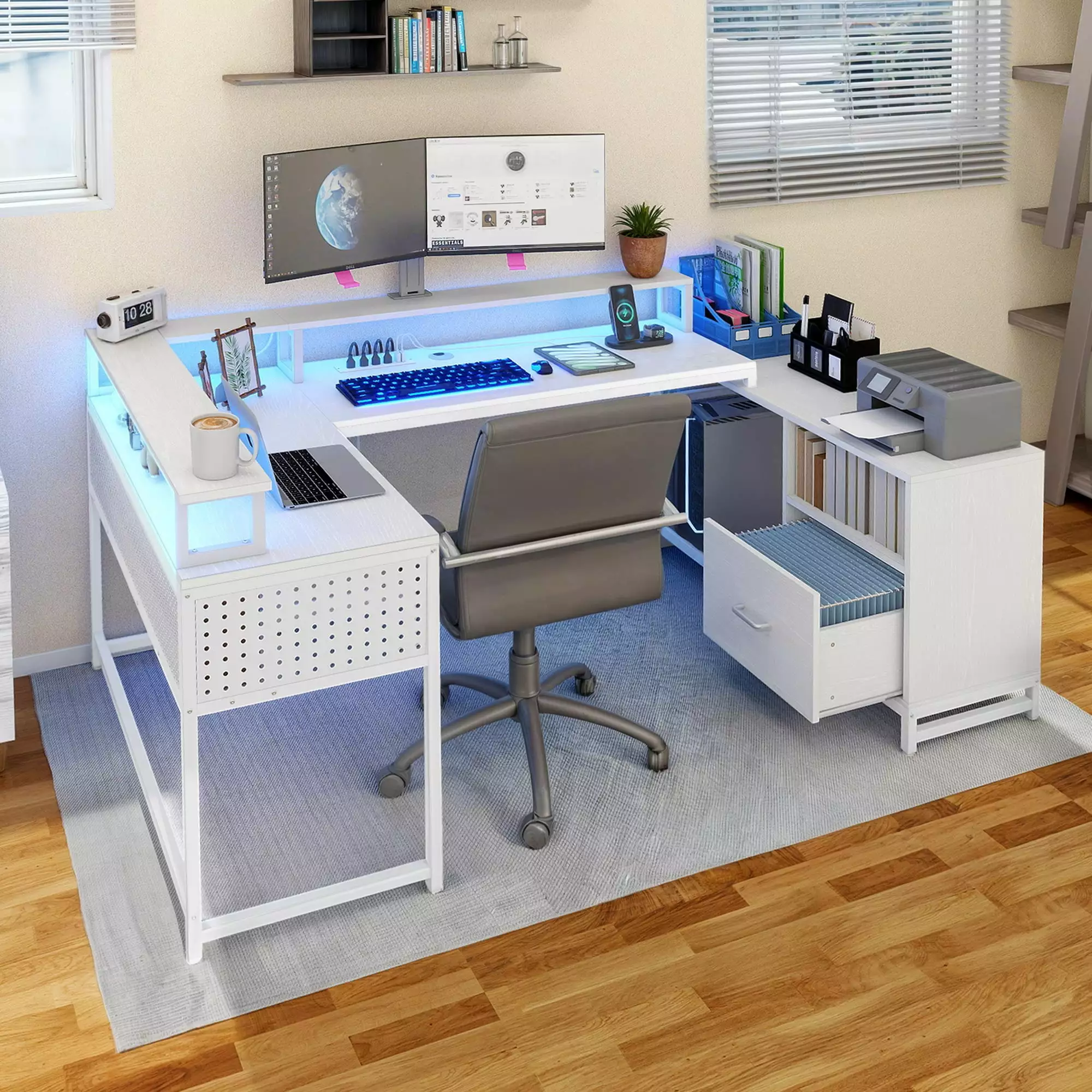 DWVO Computer Desk Power Outlets & LED U Shaped Desk Large Reversible Corner Gaming Desk Monitor Stand