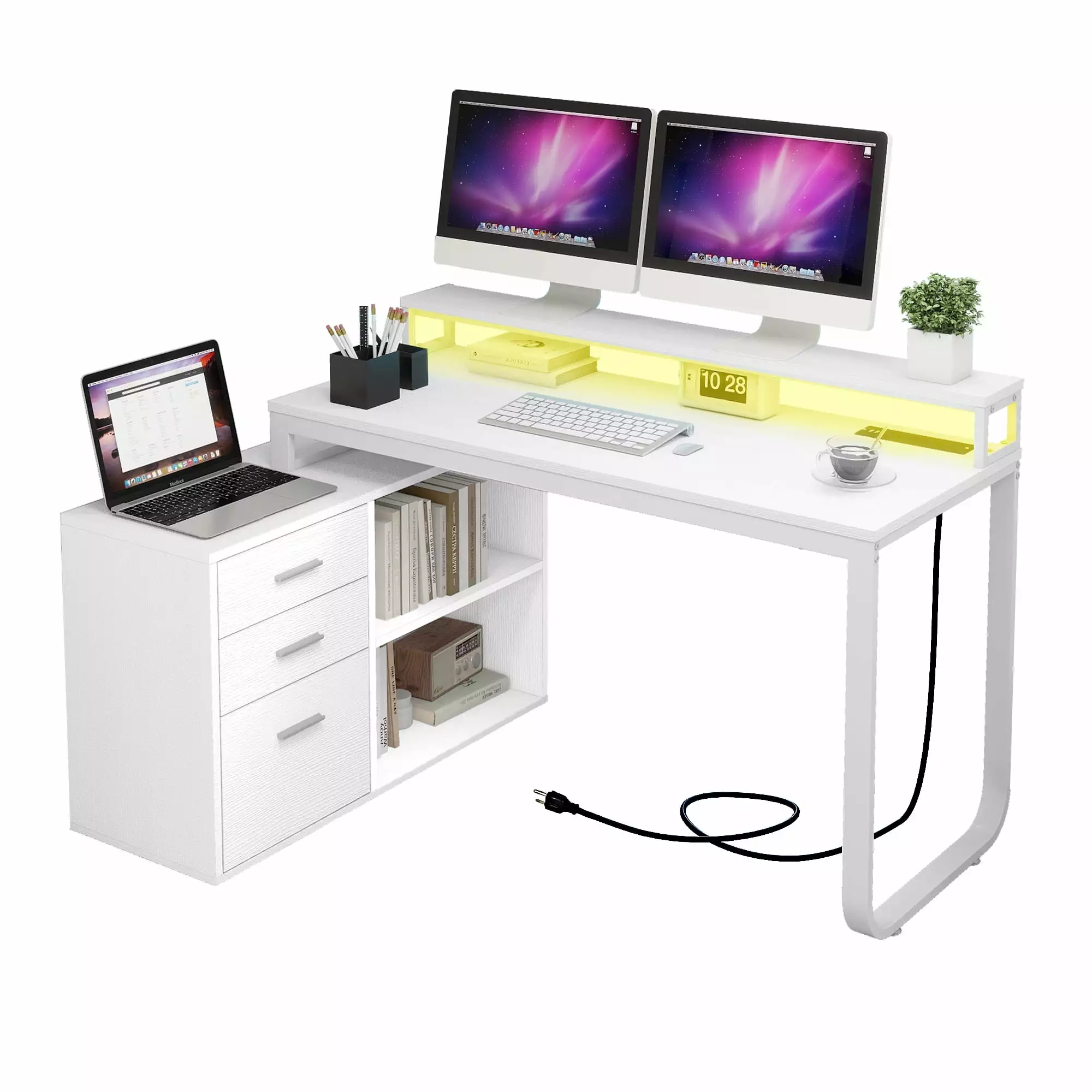 DWVO 55 L Shape Desk LED Corner Computer Desk Drawers and Storage Shelves
