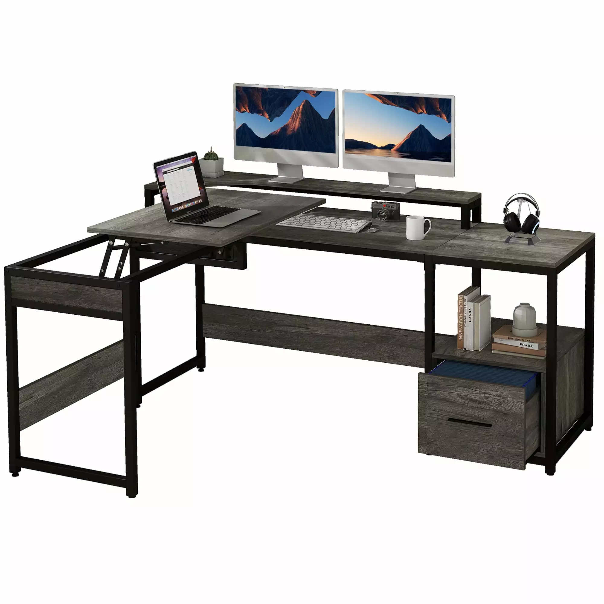 DWVO L Shaped Computer Desk File Drawer 65 L Shaped Desk Monitor Stand Corner Home Office Desk Lift Top Height Adjustable ...