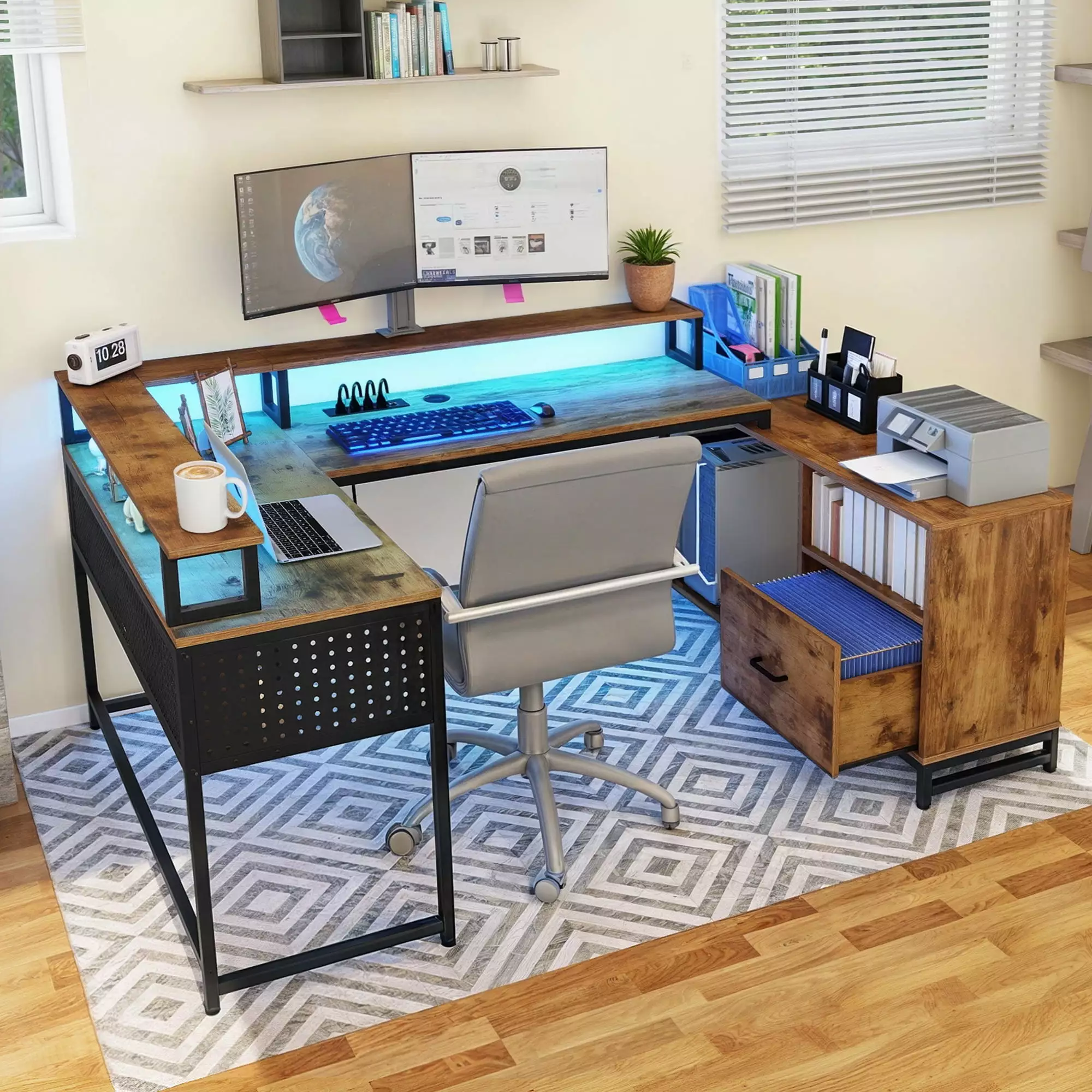 DWVO U Shaped Computer Desk Power Outlets LED Drawers and Storage Shelves Reversible Corner Gaming Office Desk Brown