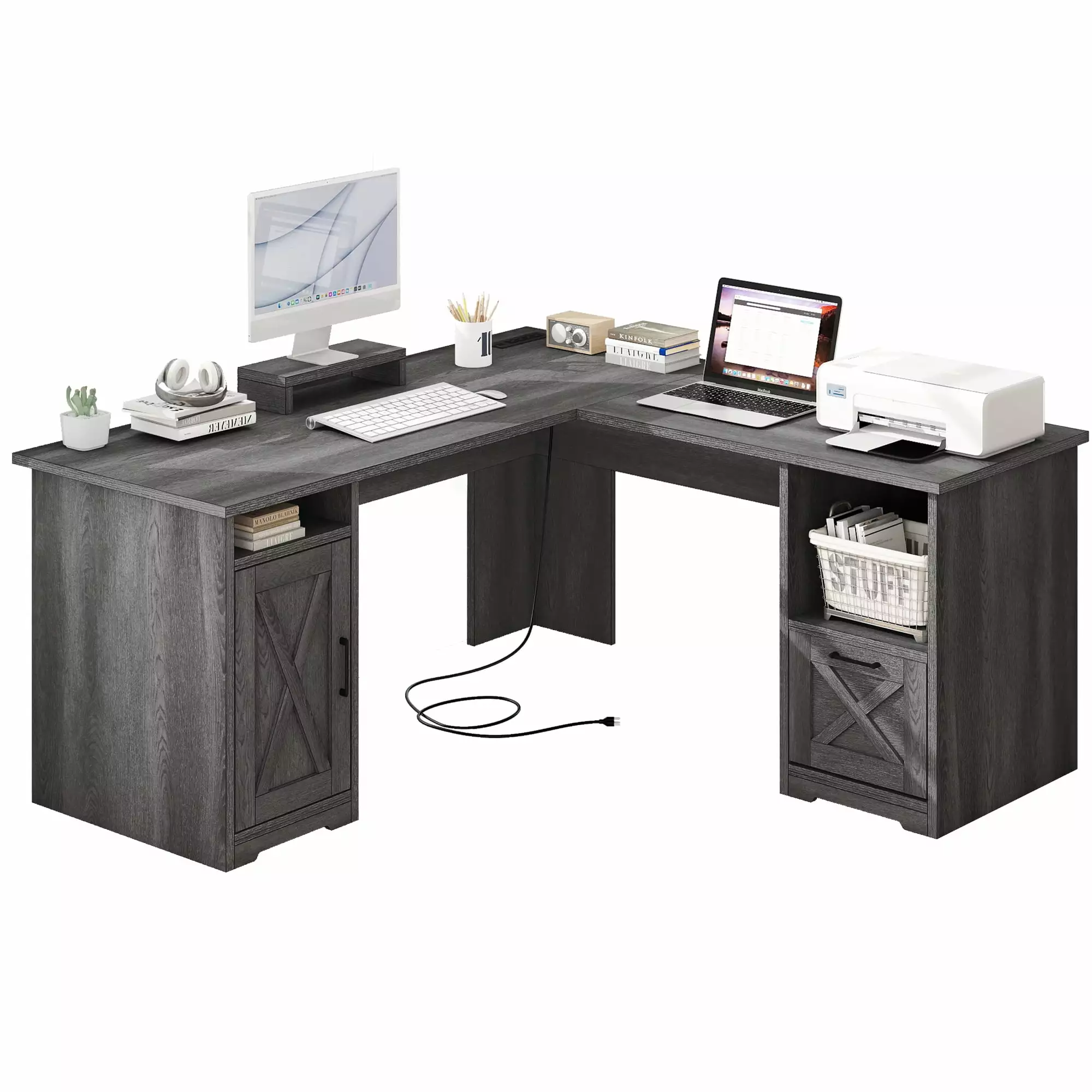 DWVO L Shaped Desk Drawers 60 Inch Corner Computer Desk Power Outlets and Monitor Stand