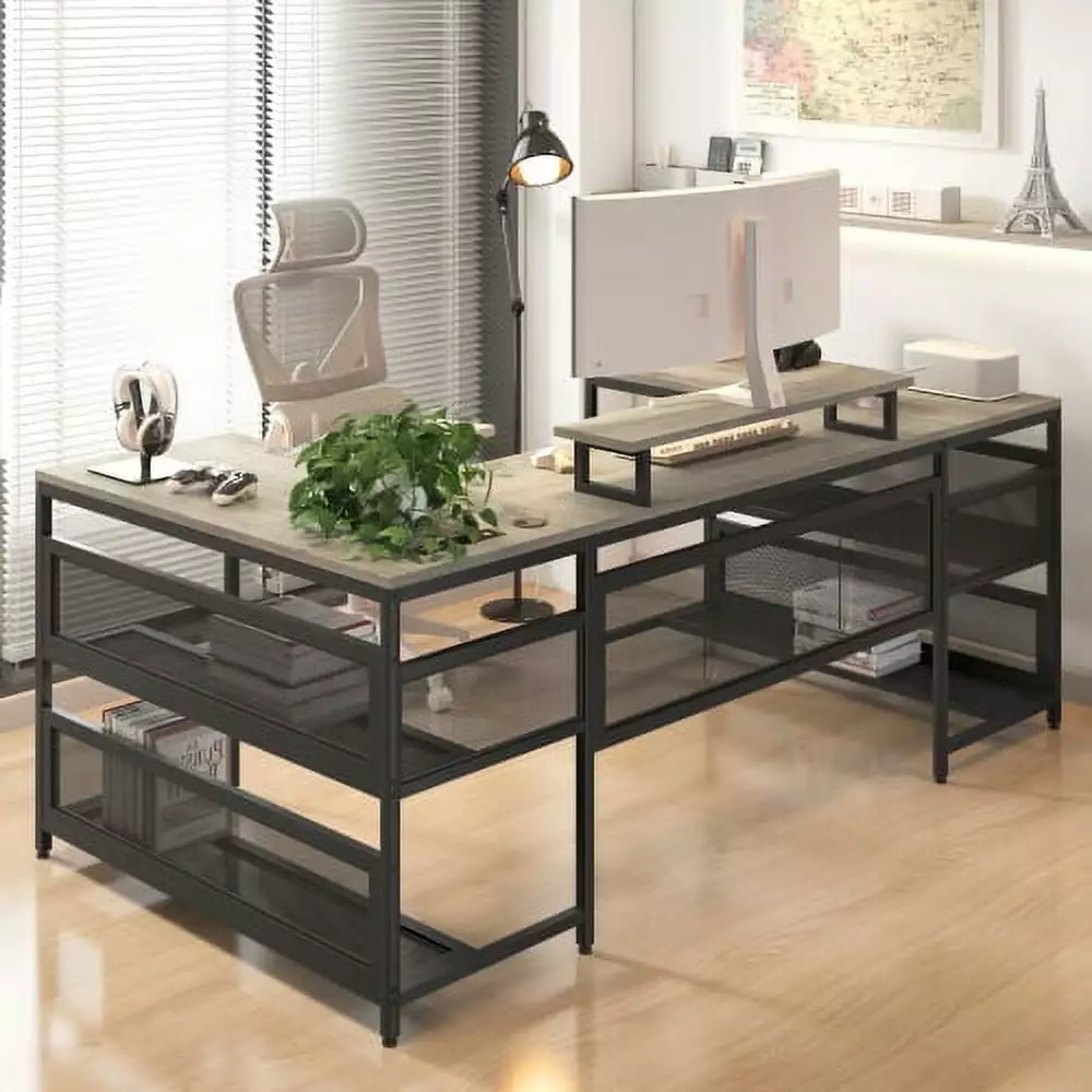 U-shaped Desk Shelve and LED Lights Home Office Erhuoxz