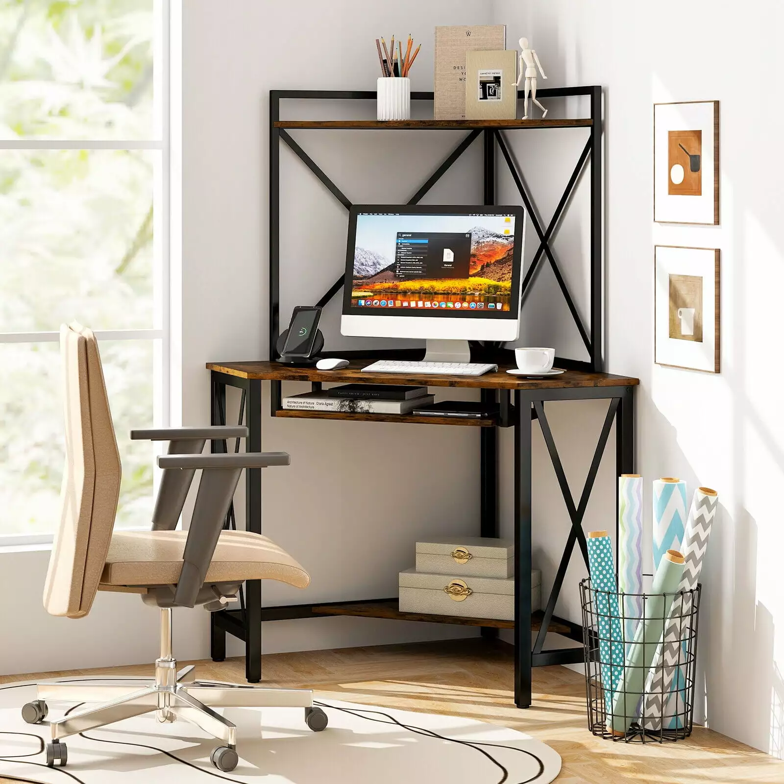 Exdeerjoy Corner Desk Hutch Space-Saving Computer Desk Shelves Keyboard Tray Home Office