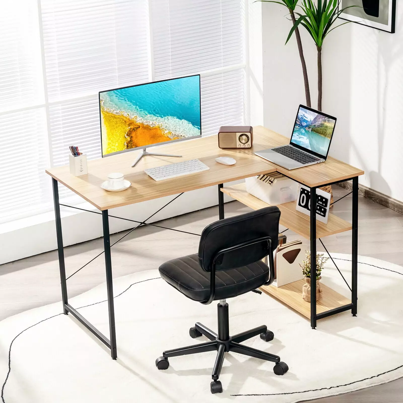Exdeerjoy 48 Inch L-shaped Corner Computer Desk Reversible Writing Desk Storage Shelves Natural