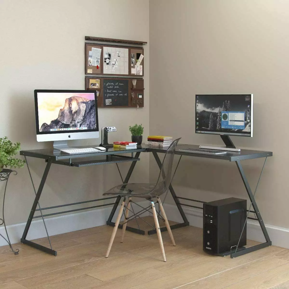 EasingRoom L-Shape Corner Desk PC Glass Laptop Table Study Writing Workstation Black FCH