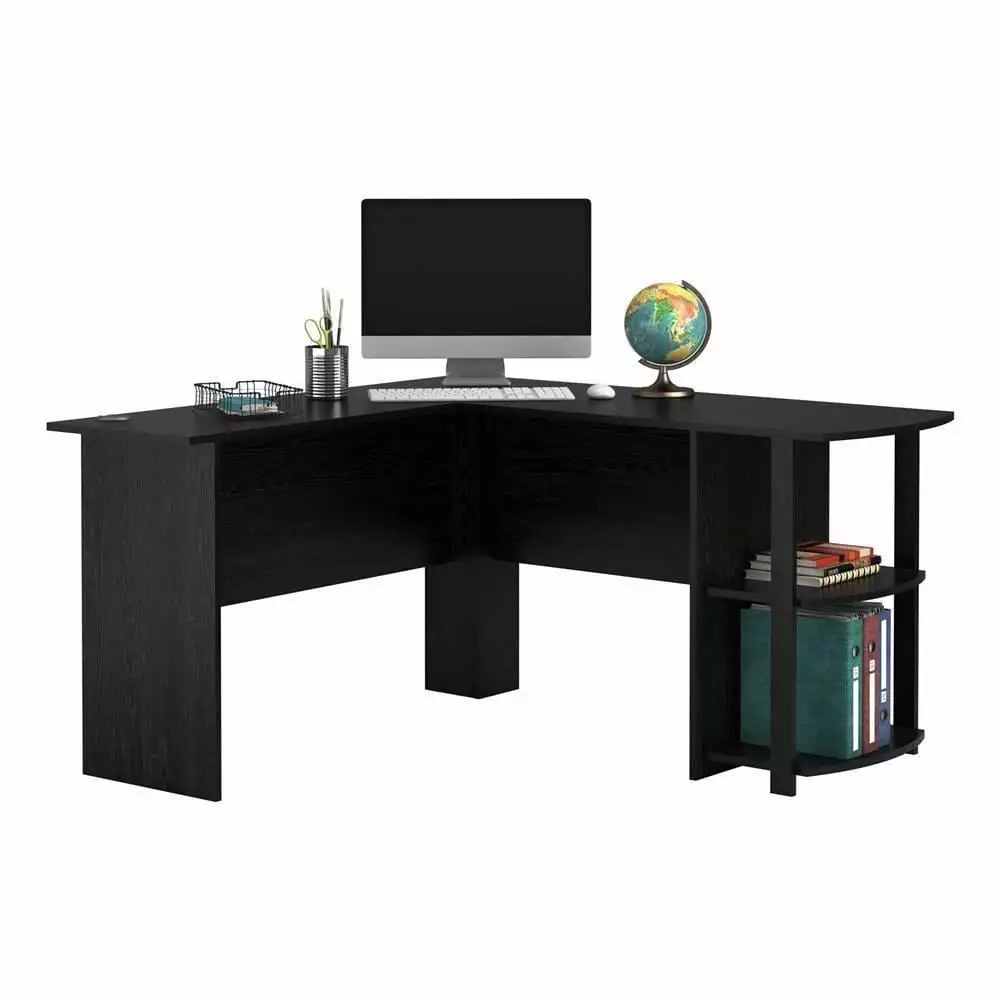 Winado L-Shaped Corner Computer Desk 2-Layer Bookshelves, Black Wooden Office Workstation FCH