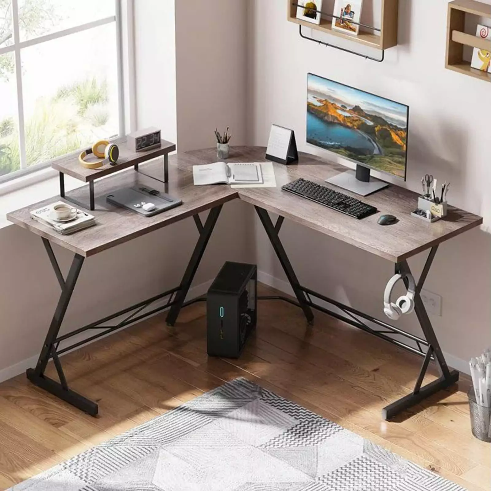 L-Shaped Corner Computer Desk Large Monitor Stand Rustic Brown Home Office Gaming Desk FHWM-C