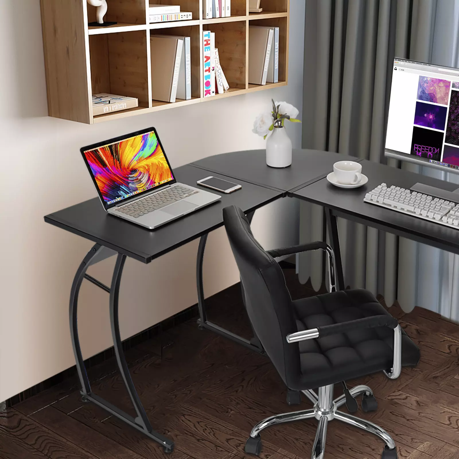 58 L-Shaped MDF Desk Black Corner Desk Gaming Writing and Home Office FHWM2