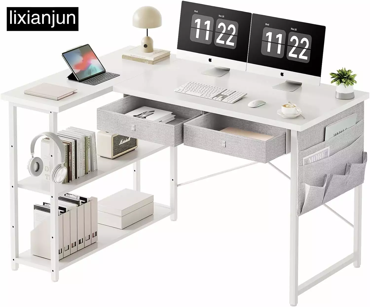 39 Inch Small L-Shaped Corner Desk Drawers and Storage Home Office FHWMJHMN