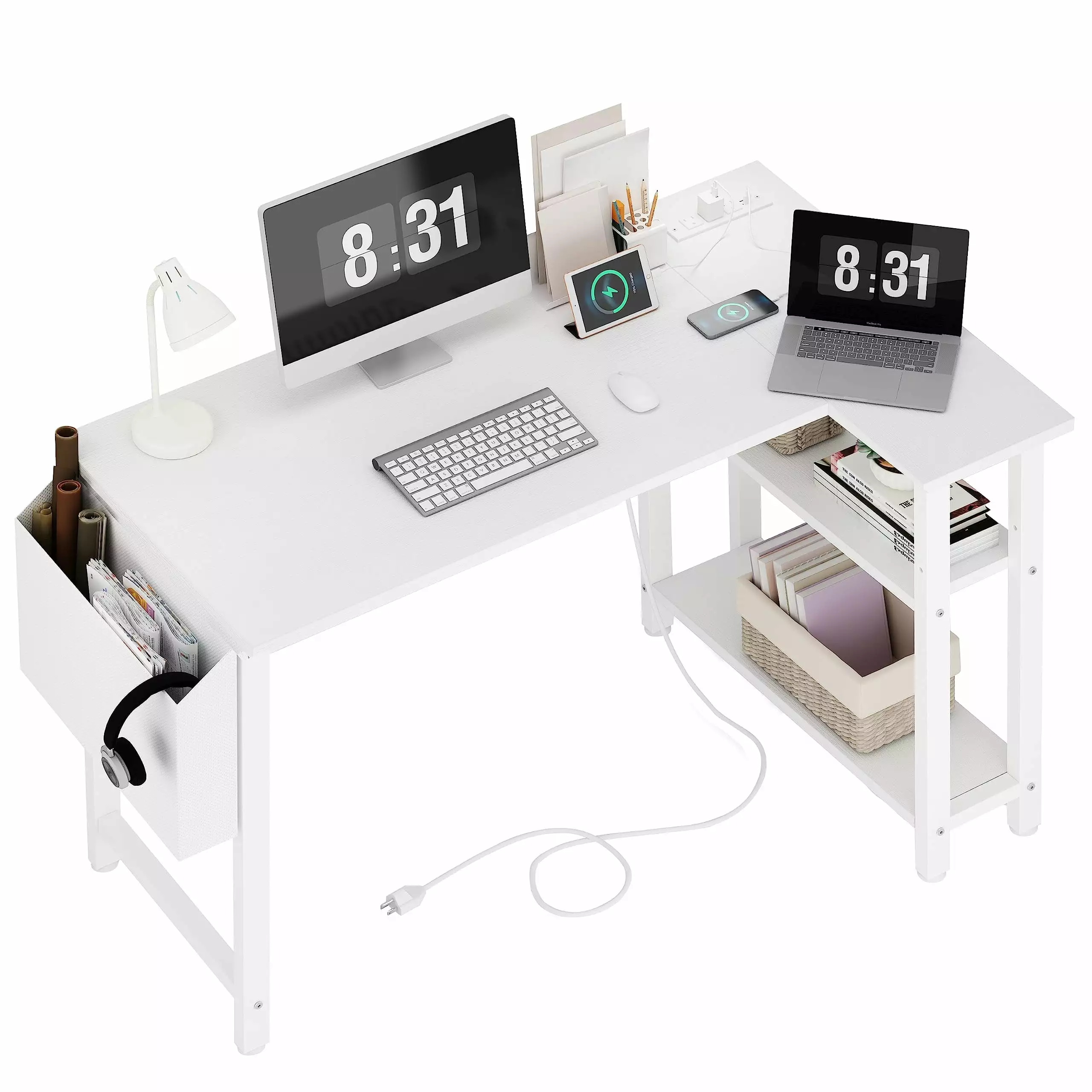 Modern L Shaped Computer Desk Power Outlet Shelves. 40 Inch Small Corner Desk Small Space Home Office.Optimize Your Home O...