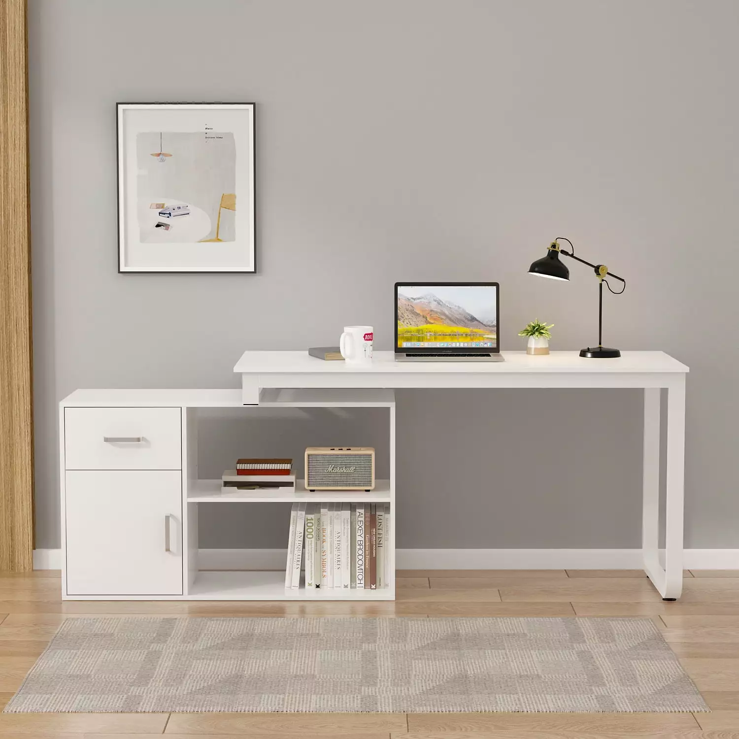 FUFU&GAGA Modern 55 inch Reversible L-Shaped Desk Open Shelves Drawer and Cabinet FUFU & GAGA