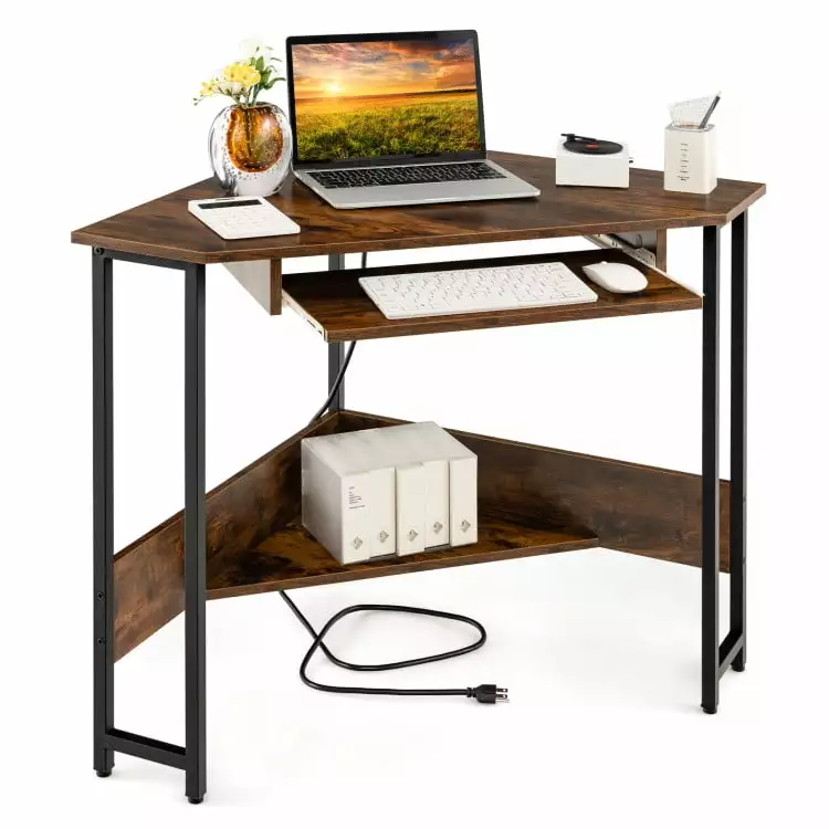 GVN Triangle Corner Desk Charging Station Keyboard Tray Storage Shelf Rustic Brown