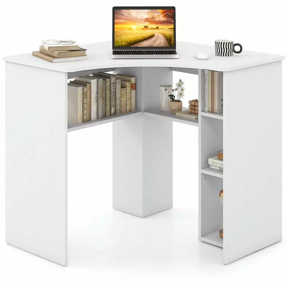 GVN White Corner Computer Desk Adjustable Shelf and Arc-Shaped Profile Bedroom Gaming