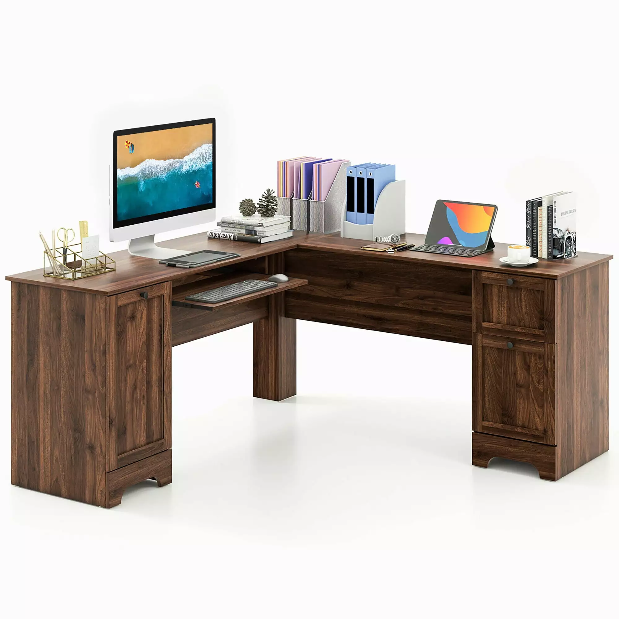 Gymax 66.5 Inch L Shaped Home Office Desk Drawer and Keyboard Tray Walnut