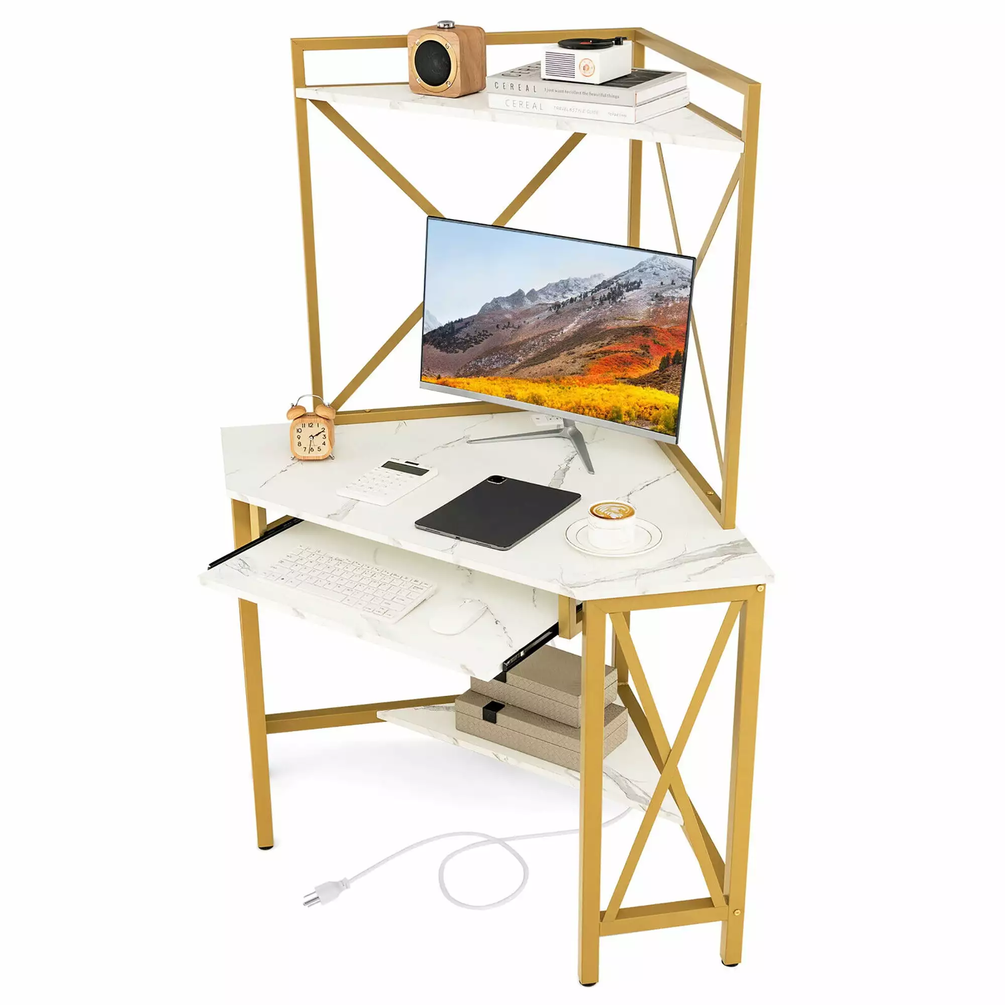 Gymax Corner Desk Space-Saving Computer Desk Shelves Keyboard Tray White Home Office