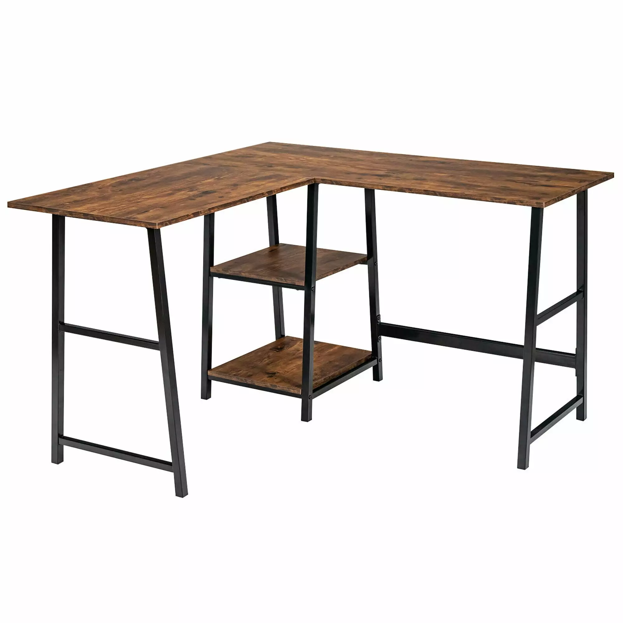 Gymax L Shaped Study Table Corner Computer Desk Storage Shelves Brown