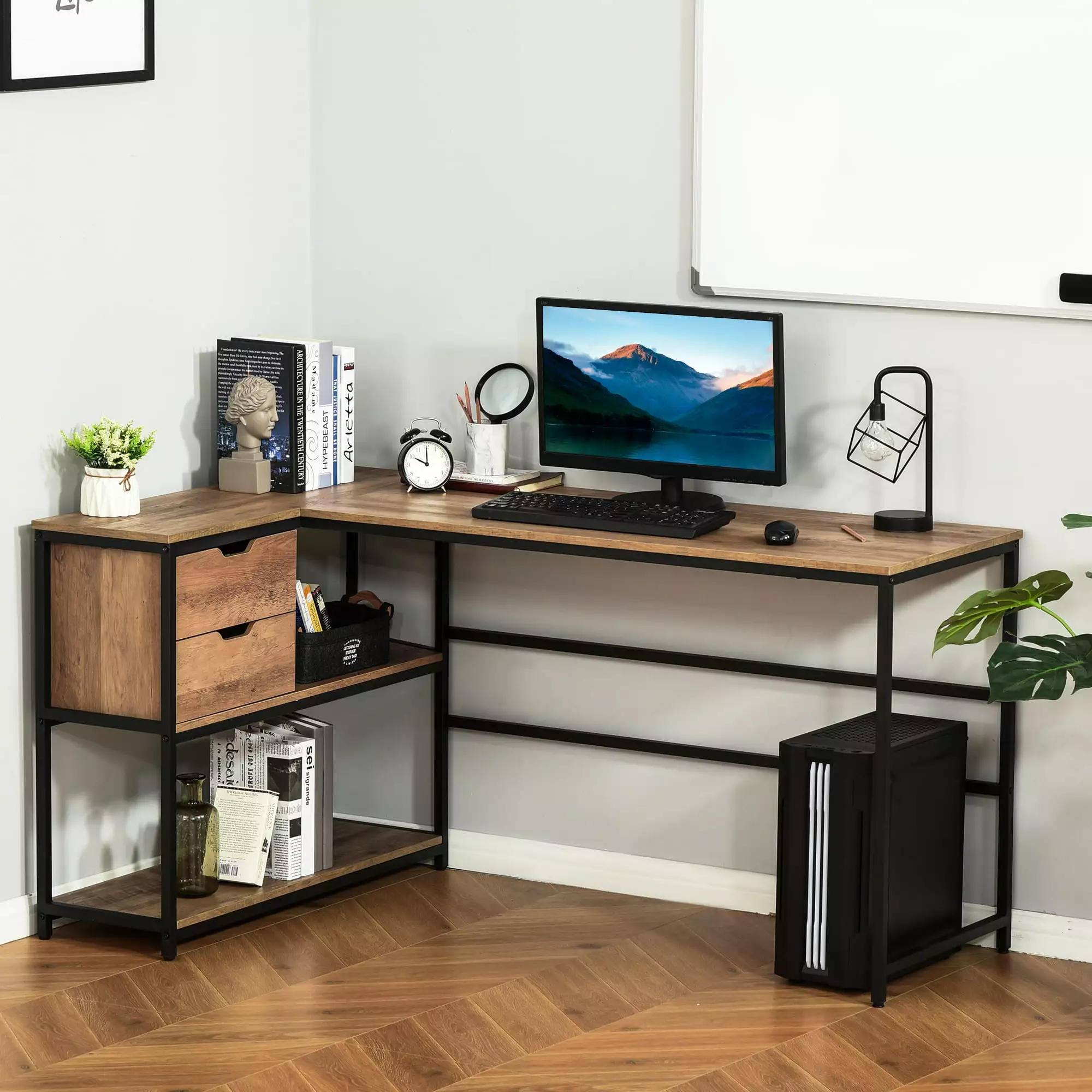 HOMCOM L-Shaped Black and Brown Computer Desk Open Storage Shelves