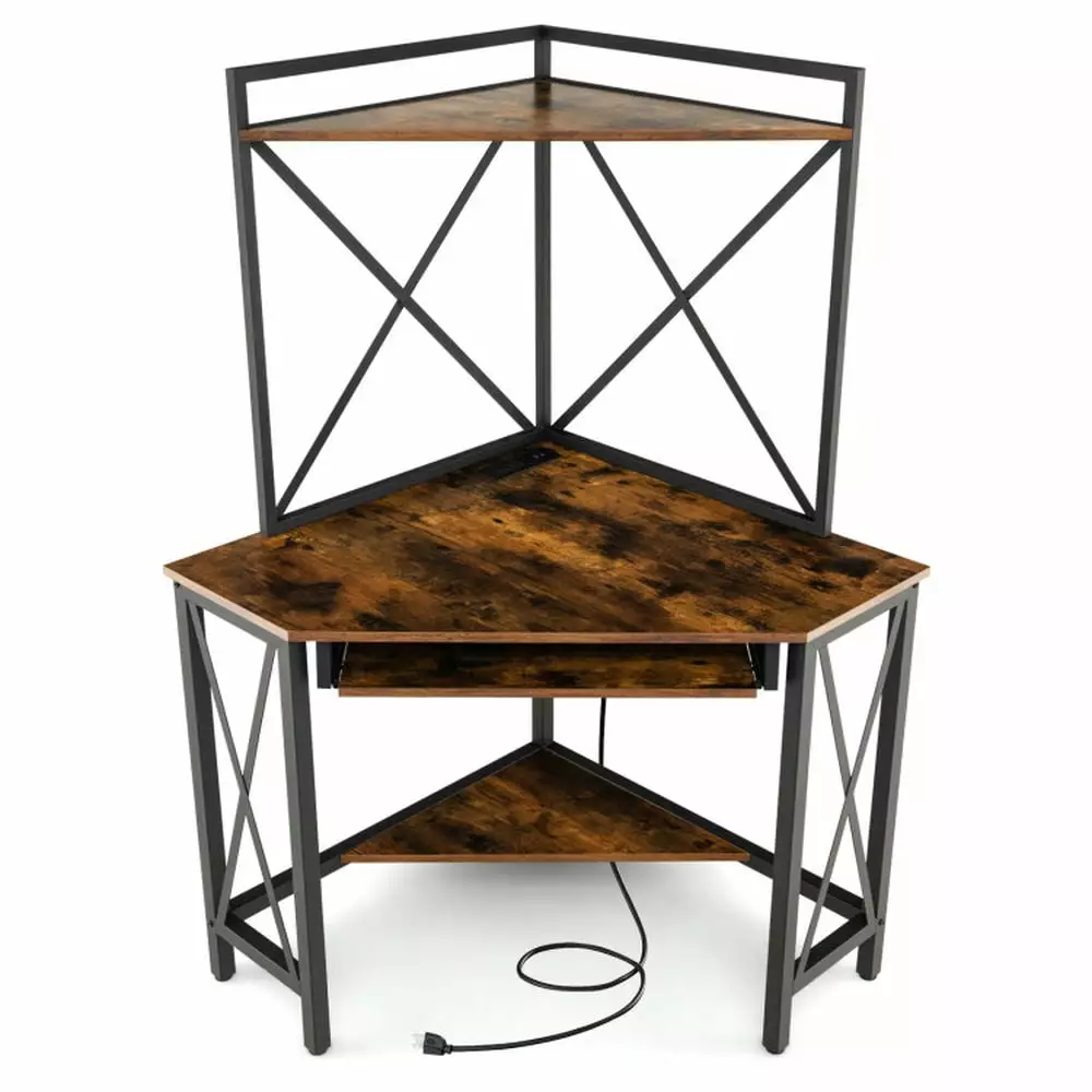 Kepooman Rust Brown Computer Desk Corner Table Hutch and Keyboard Tray Writing Laptop PC Table