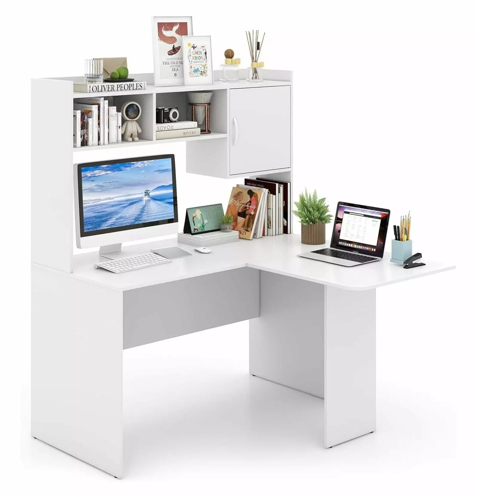 Killeryuki L Shaped Corner Computer Desk Hutch, Storage Shelf & Cabinet, Modern Executive Study Writing Desk Home Office W...