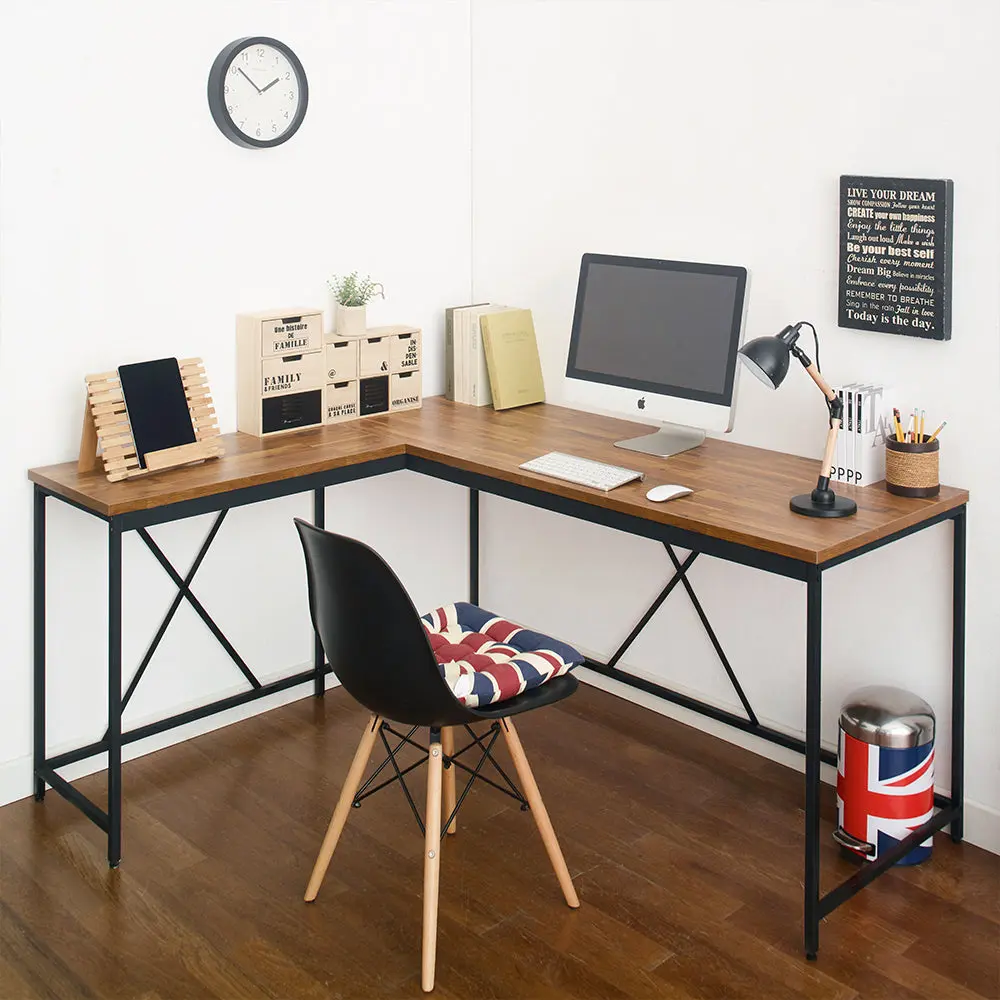 Olympus Wood and Metal Corner Desk Acacia and Black Finish klair living
