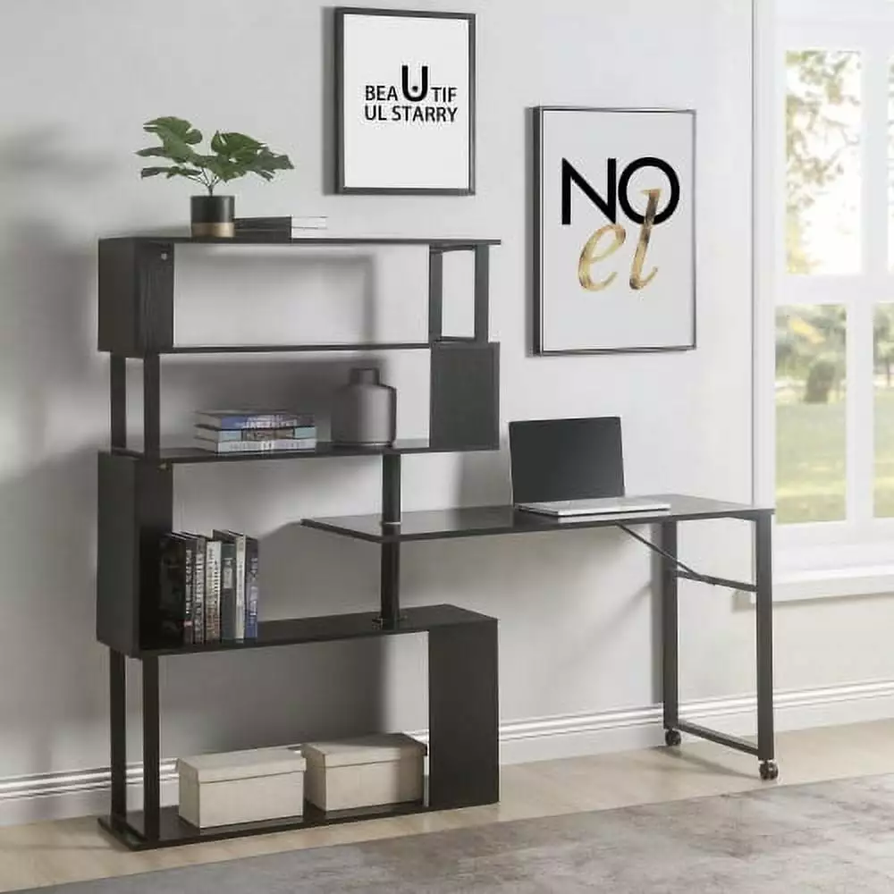 L-Shaped Corner Computer Desk 5-Tier Bookshelf and Lockable Casters Black Leadbon