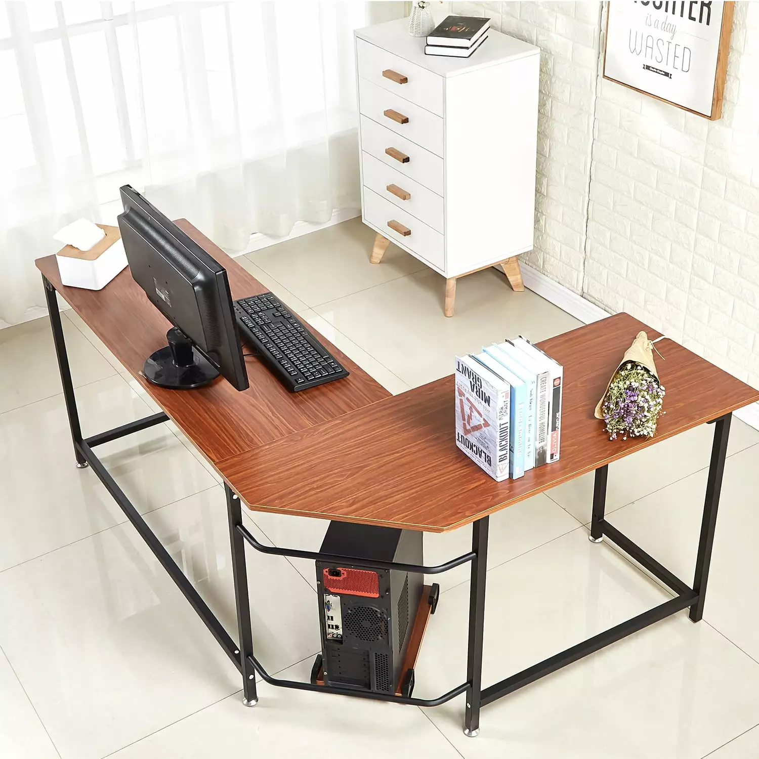 Mcombo Corner Desk L-Shape Computer Desk Home Office Furniture Gaming Desk Study Desk Small Space Brown