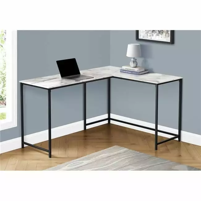 Monarch Specialties 58 Inch Metal Corner Computer Desk White Marble Top and Black Frame
