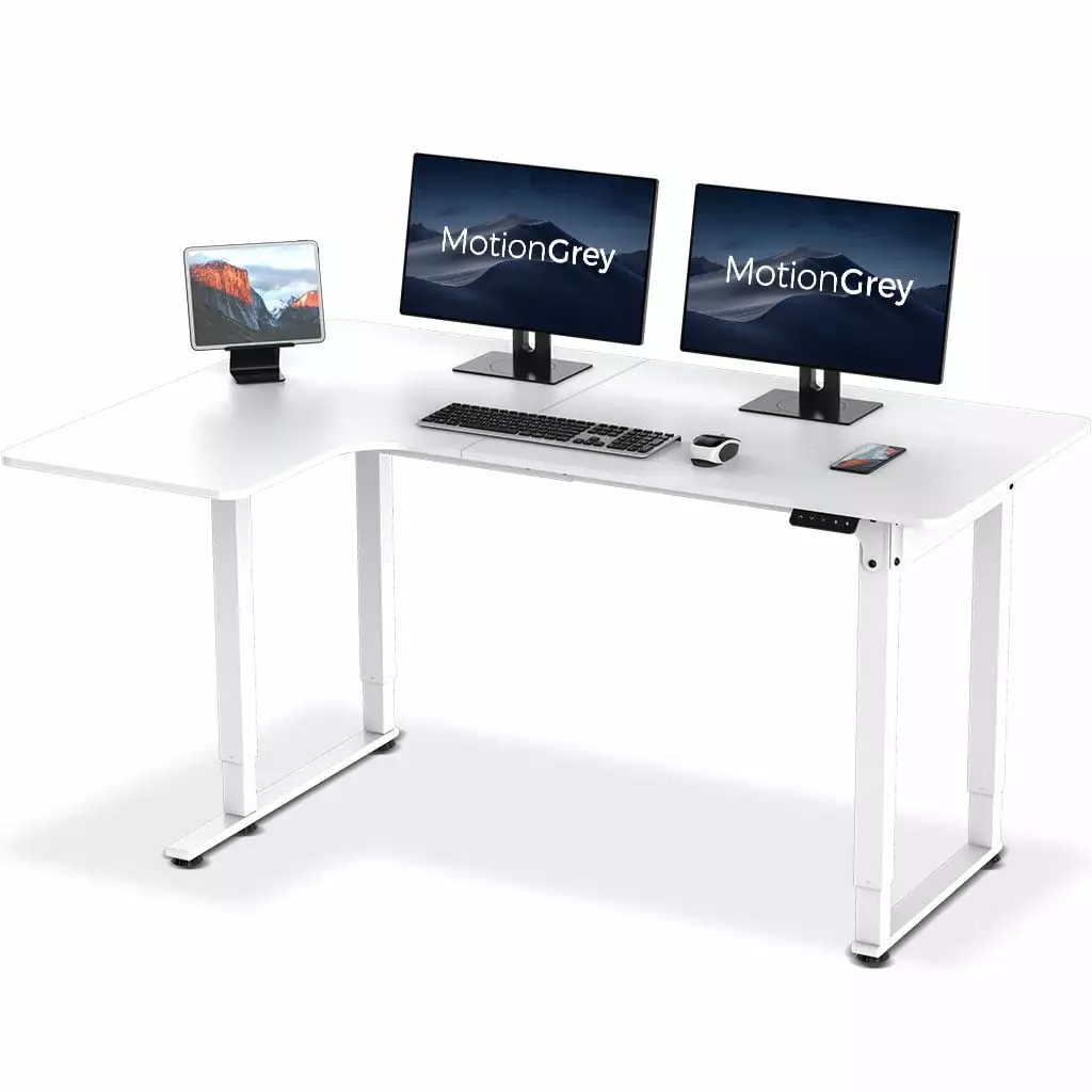 MotionGrey Electric L Shaped Standing Desk - 63 Inch Adjustable Corner Desk White