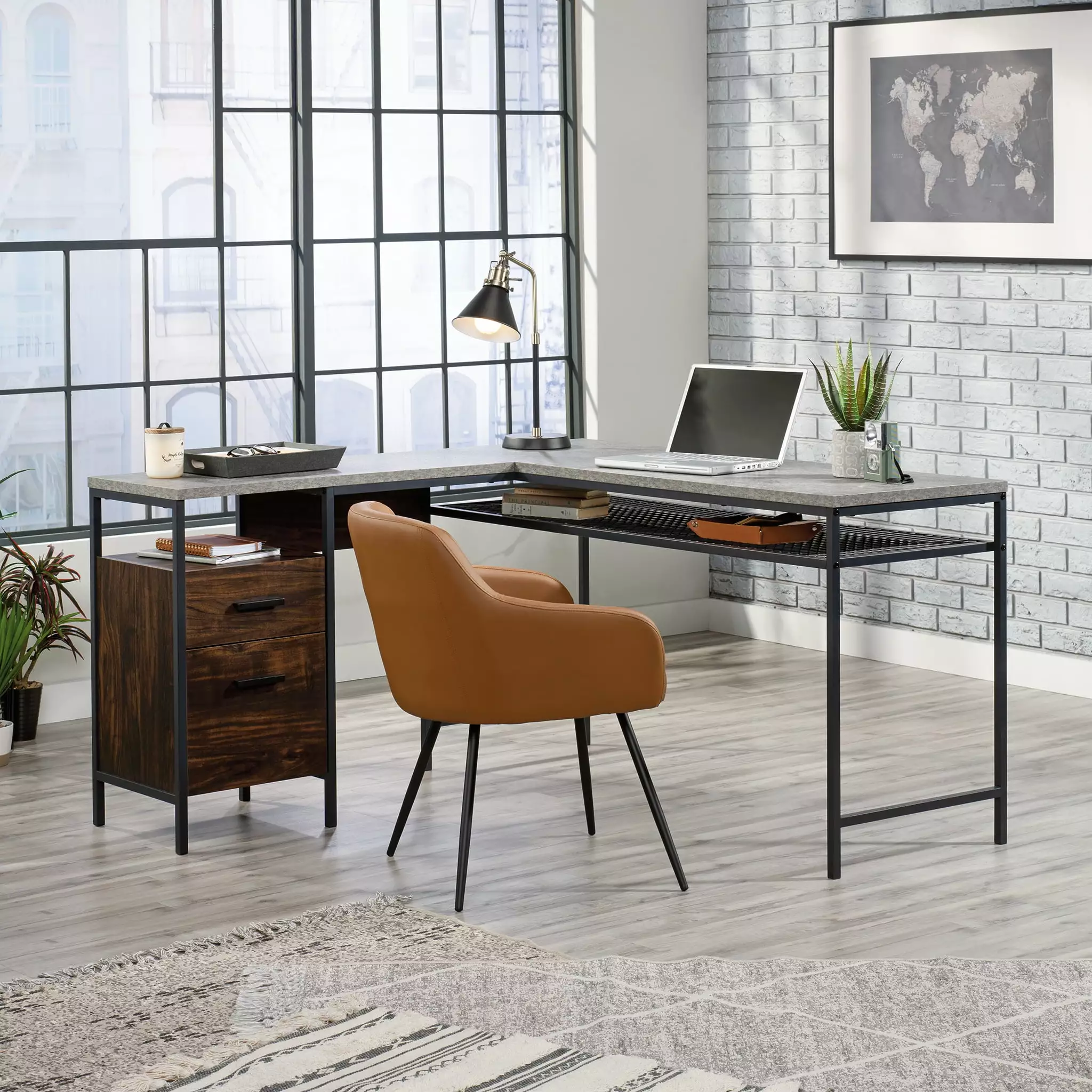 Sauder Market Commons L-Shape Metal Computer Desk Rich Walnut/Slate Gray finish