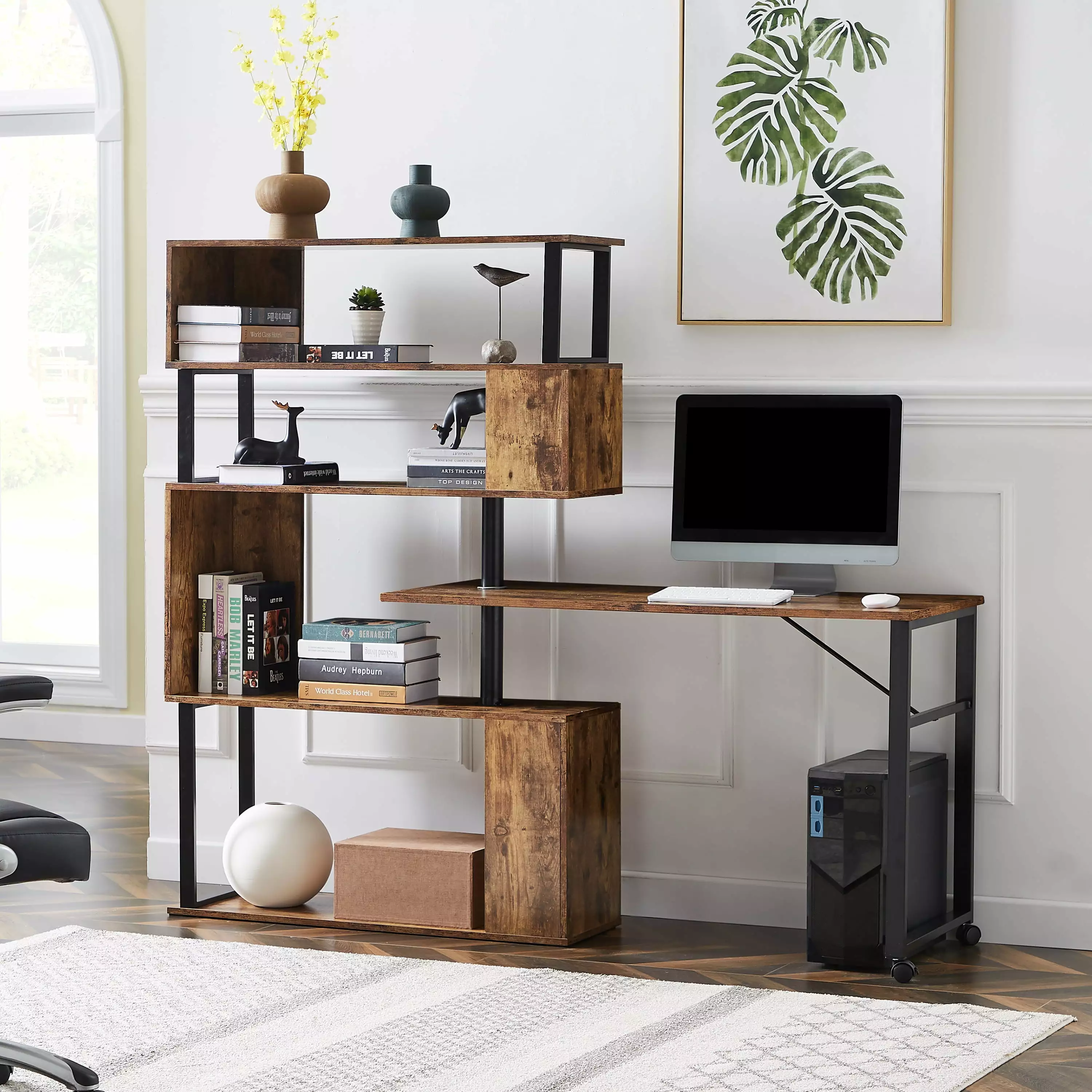 L-Shaped Corner Computer Desk 5-Tier Bookshelf and Lockable Casters - Rotating Office Table SMHZ