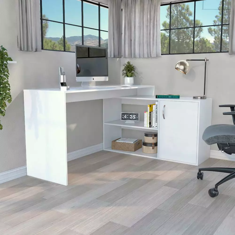 Treevol Furniture L-Shaped Desk Desti Single Door Cabinet White