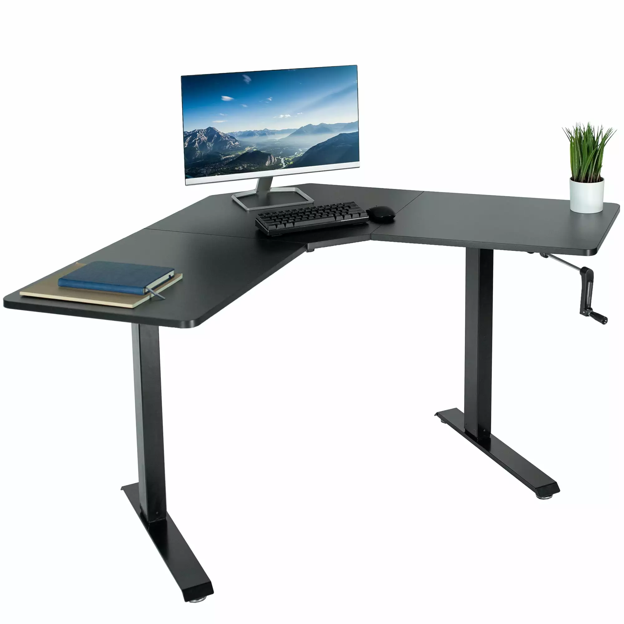 VIVO Black Manual 47 x 47 Corner Desk Workstation 3 Section Table Top