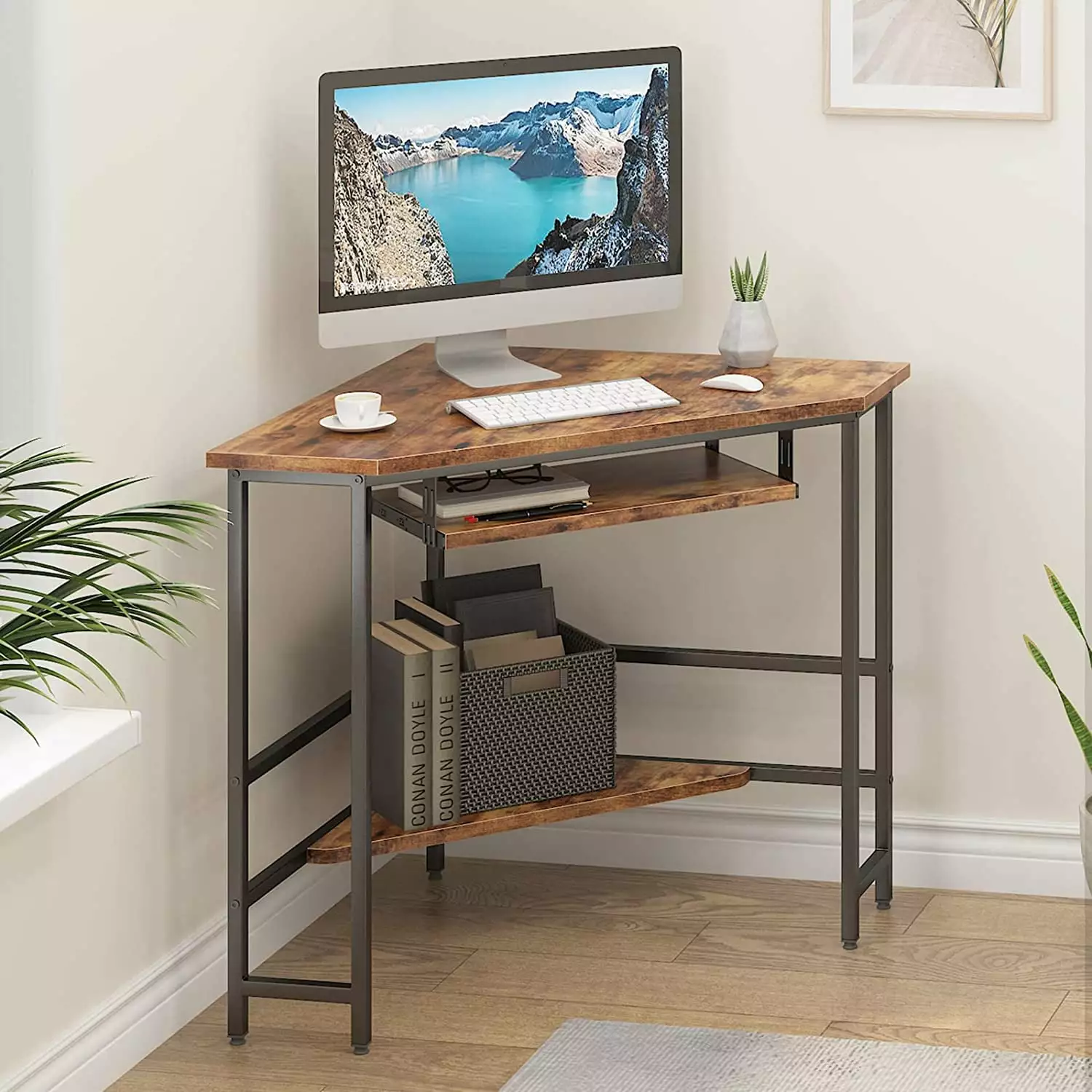 Wellynap 28.3 Corner Office Desk Small Computer Desk Keyboard Tray Vintage Brown