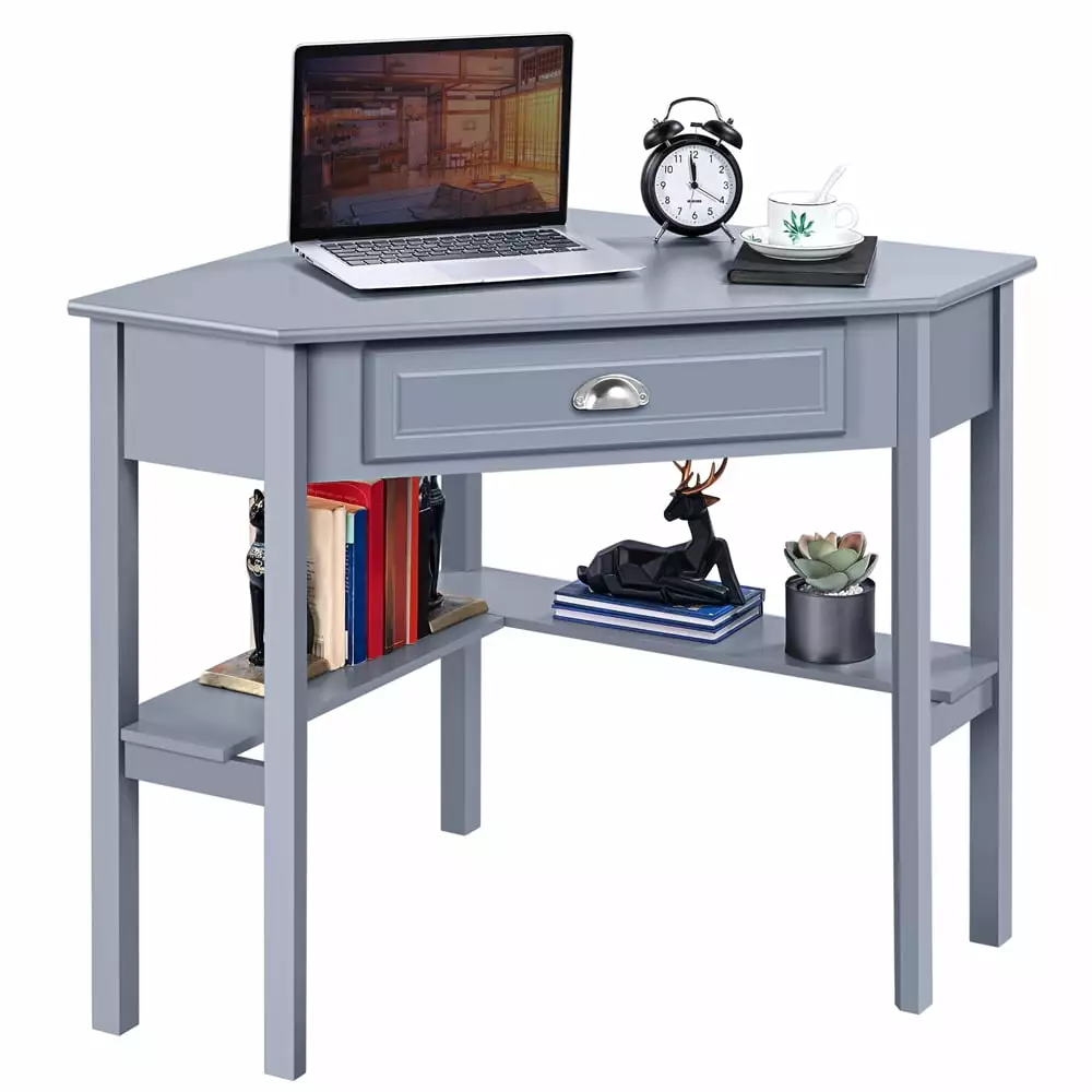 Yaheetech Corner Computer Desk Workstation MDF Desktop Pine Legs Storage Drawer Shelves Home Office Gray