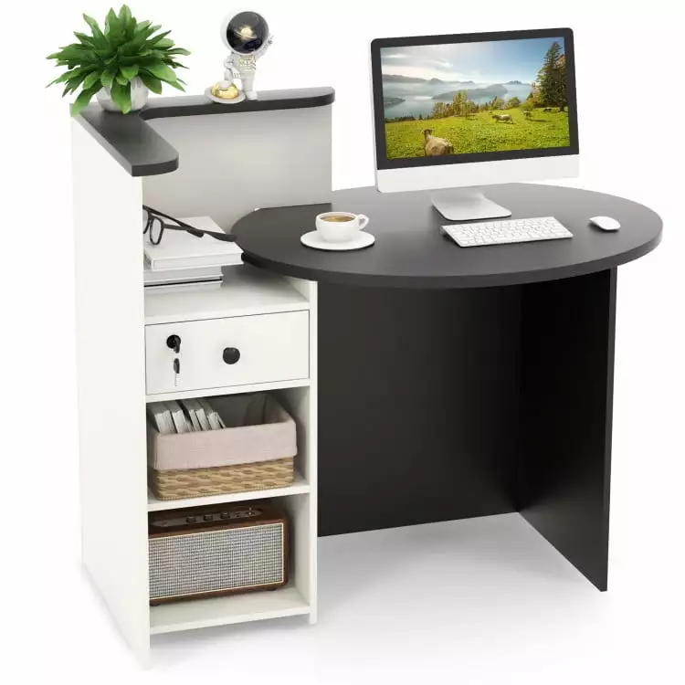 YYAo Corner Computer Desk PC Laptop Study Table Open Shelf and Lockable Drawer Black White Office Desk