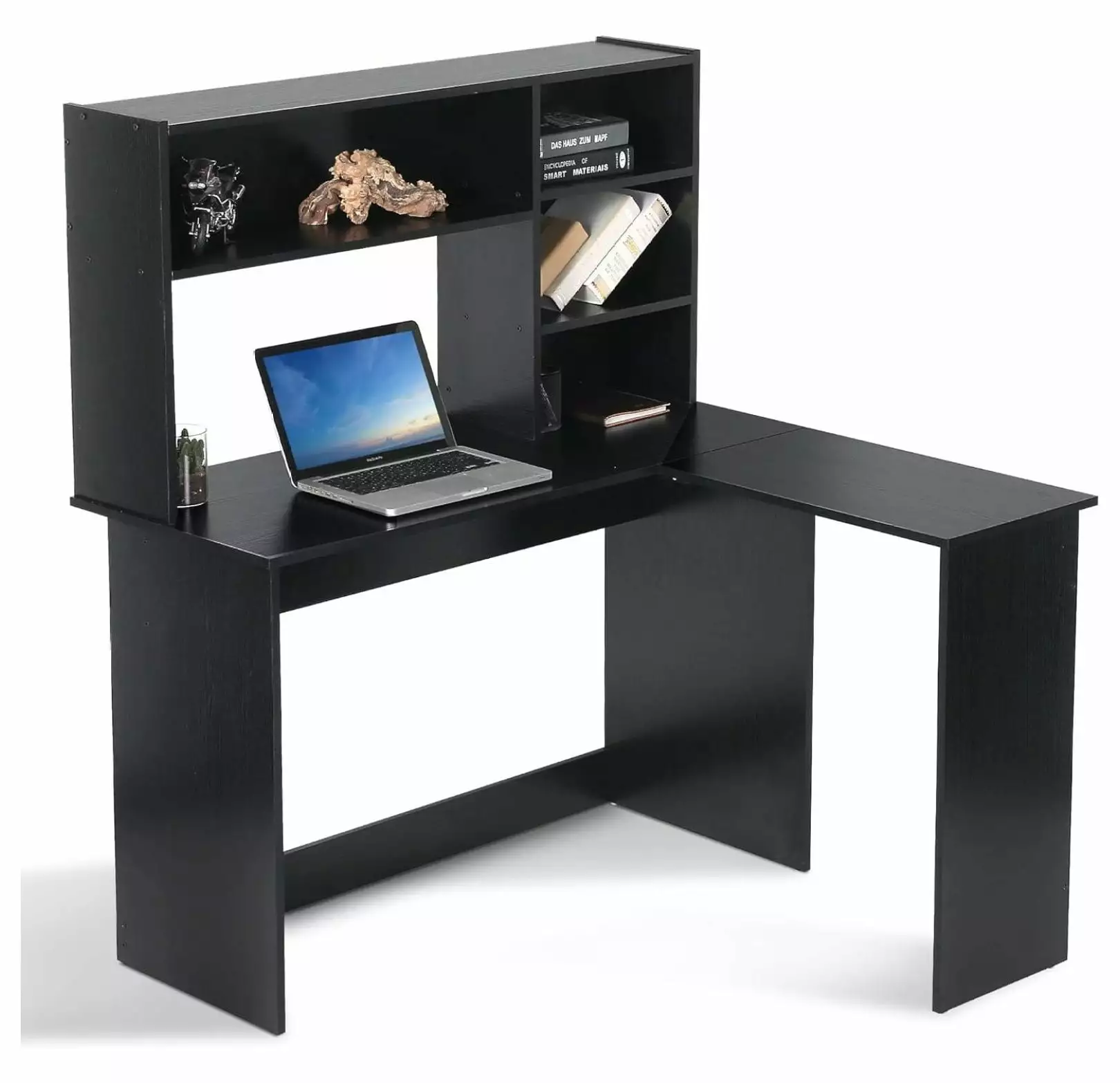 Dark Brown L-Shaped Wood Computer Desk Hutch and Storage Shelves Small Spaces Zazesaby