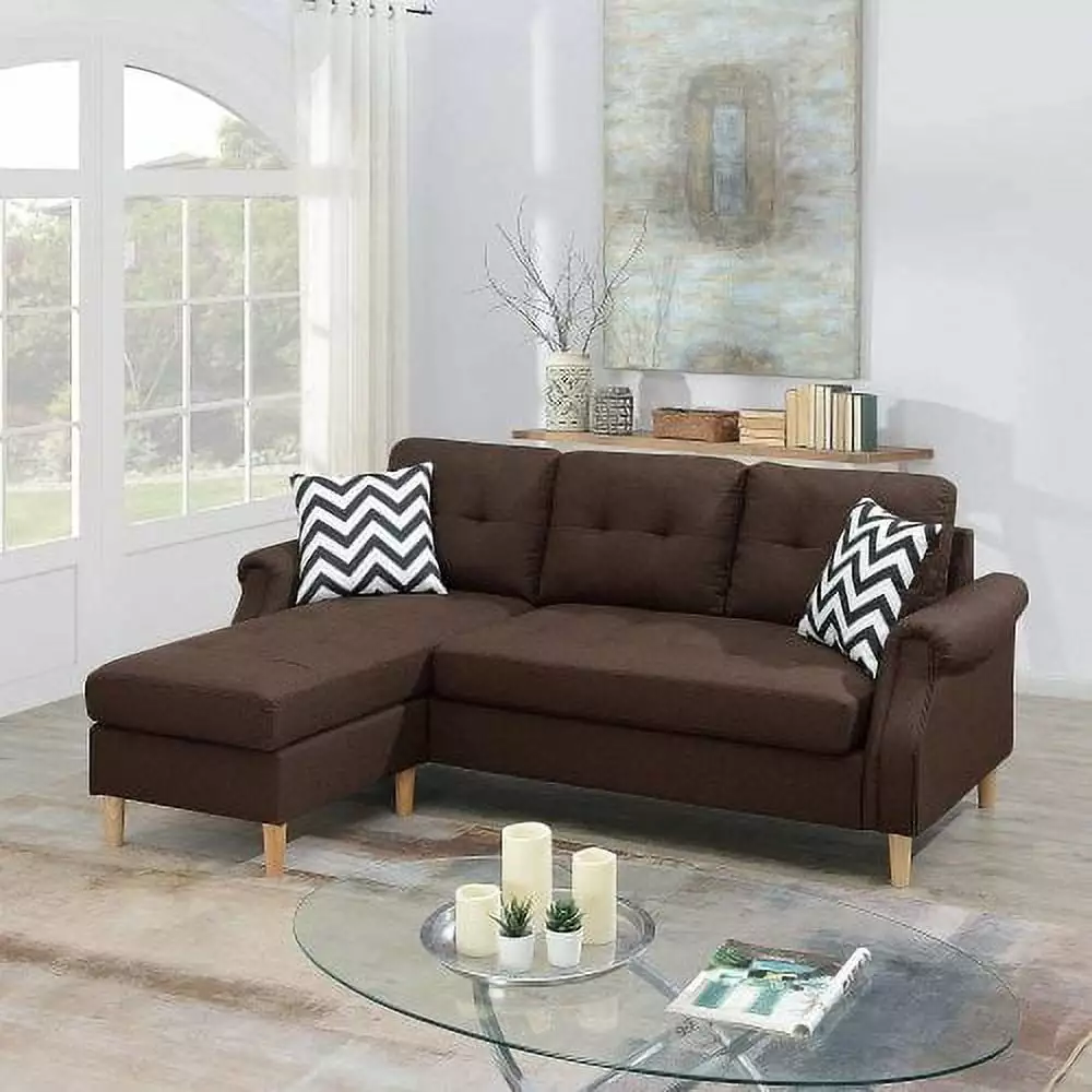 Living Room Corner Sectional Dark Coffee Polyfiber Chaise Sofa Reversible Design JUHOO